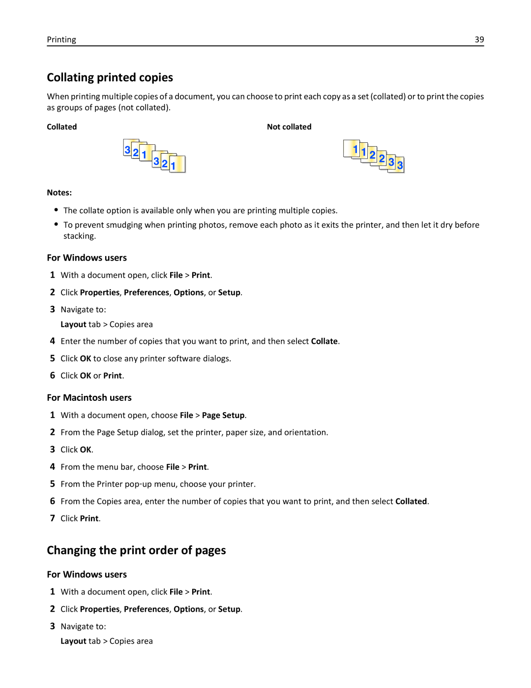 Lexmark 90T9200, 901, 90T9251, 90E, 90T9250, 91E, Pro915 manual Collating printed copies, Changing the print order of pages 