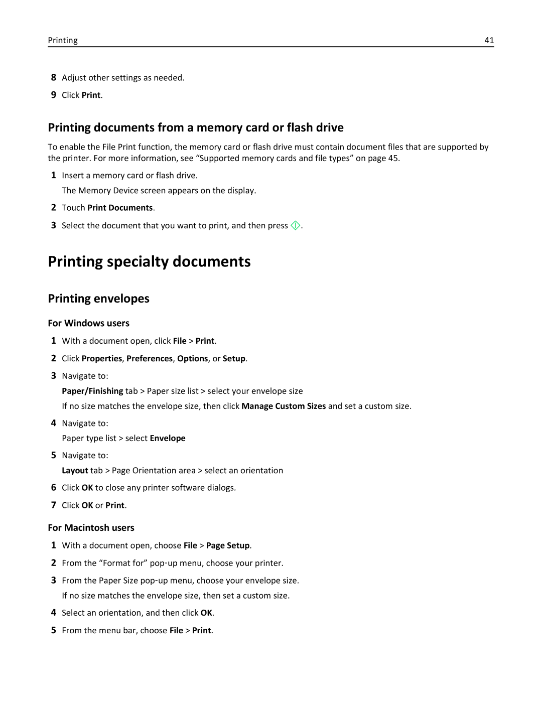 Lexmark Pro915, 901 Printing specialty documents, Printing documents from a memory card or flash drive, Printing envelopes 