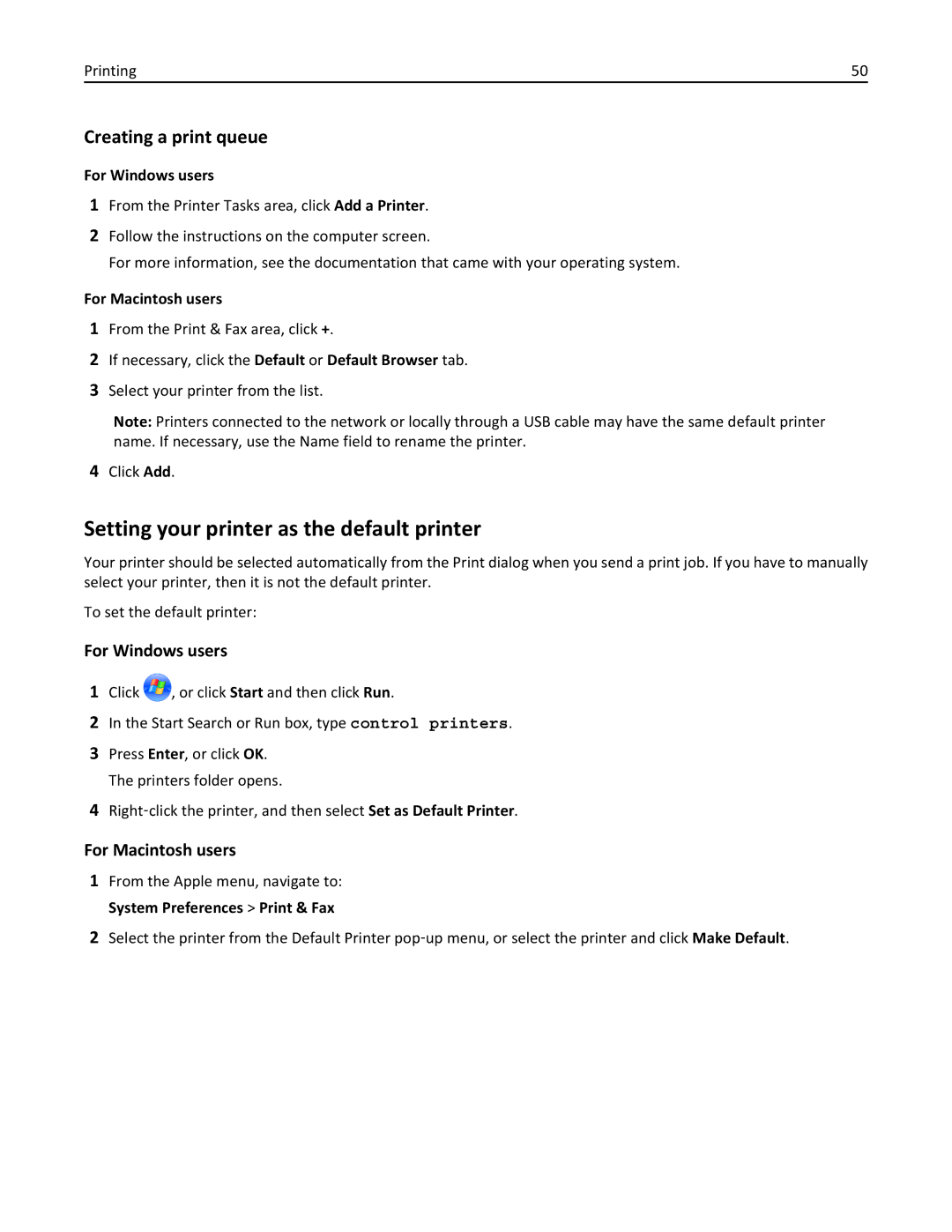 Lexmark 90T9251, 901, 90E, 90T9250 Setting your printer as the default printer, Creating a print queue, For Windows users 