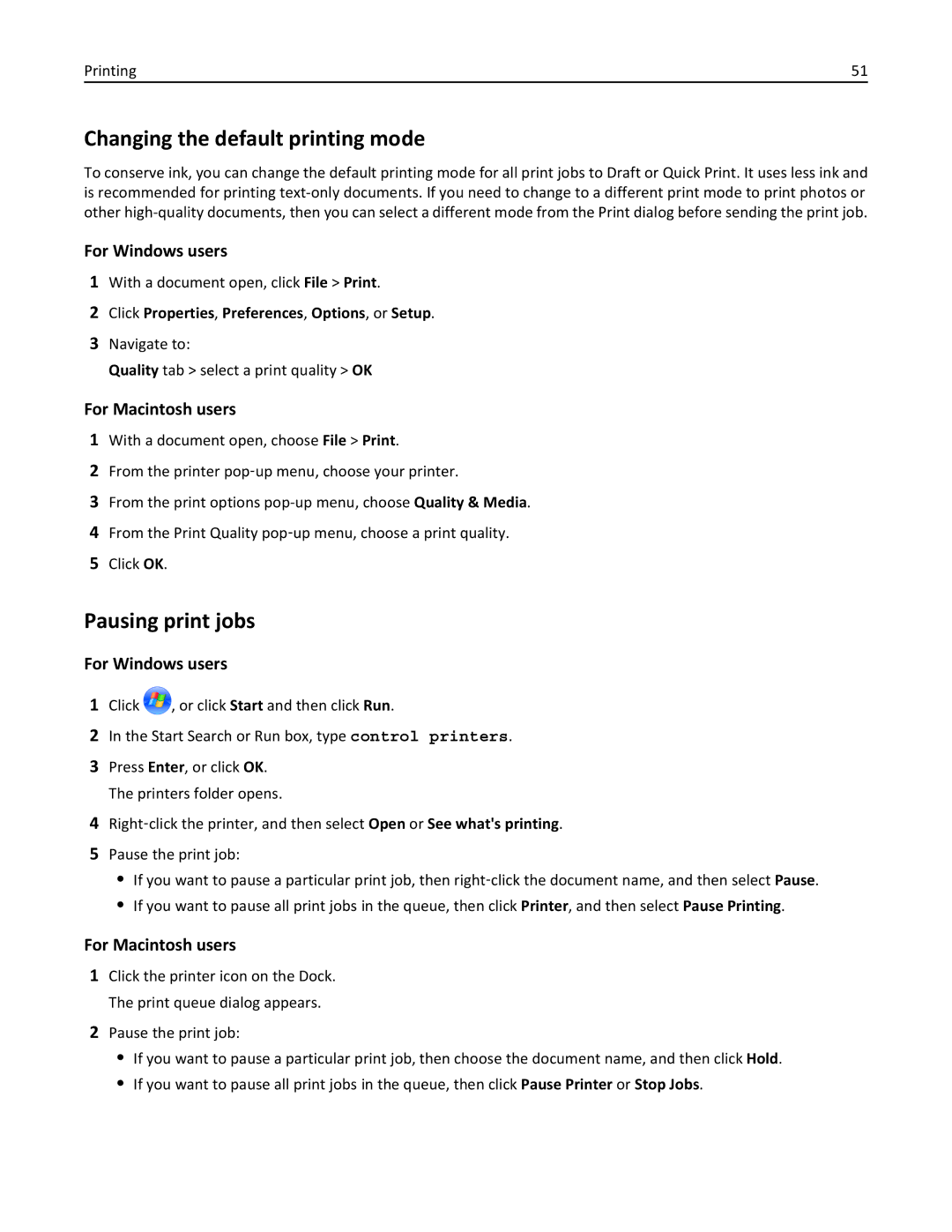 Lexmark 90E, 901, 90T9251, 90T9250, 90T9200, 91E, Pro915 manual Changing the default printing mode, Pausing print jobs 