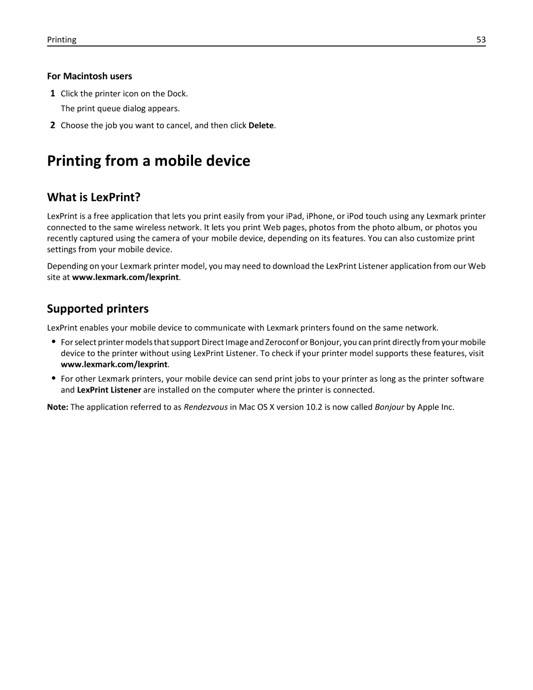 Lexmark 90T9200, 901, 90T9251, 90E, 90T9250, 91E, Pro915 Printing from a mobile device, What is LexPrint?, Supported printers 