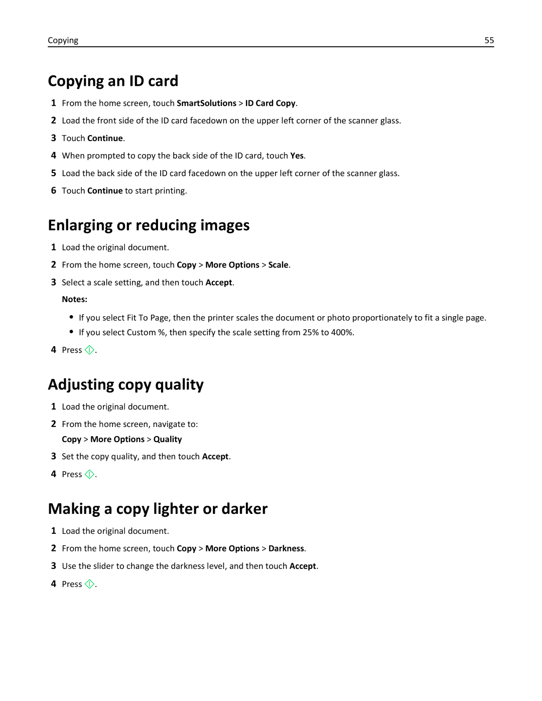 Lexmark Pro915 Copying an ID card, Enlarging or reducing images, Adjusting copy quality, Making a copy lighter or darker 