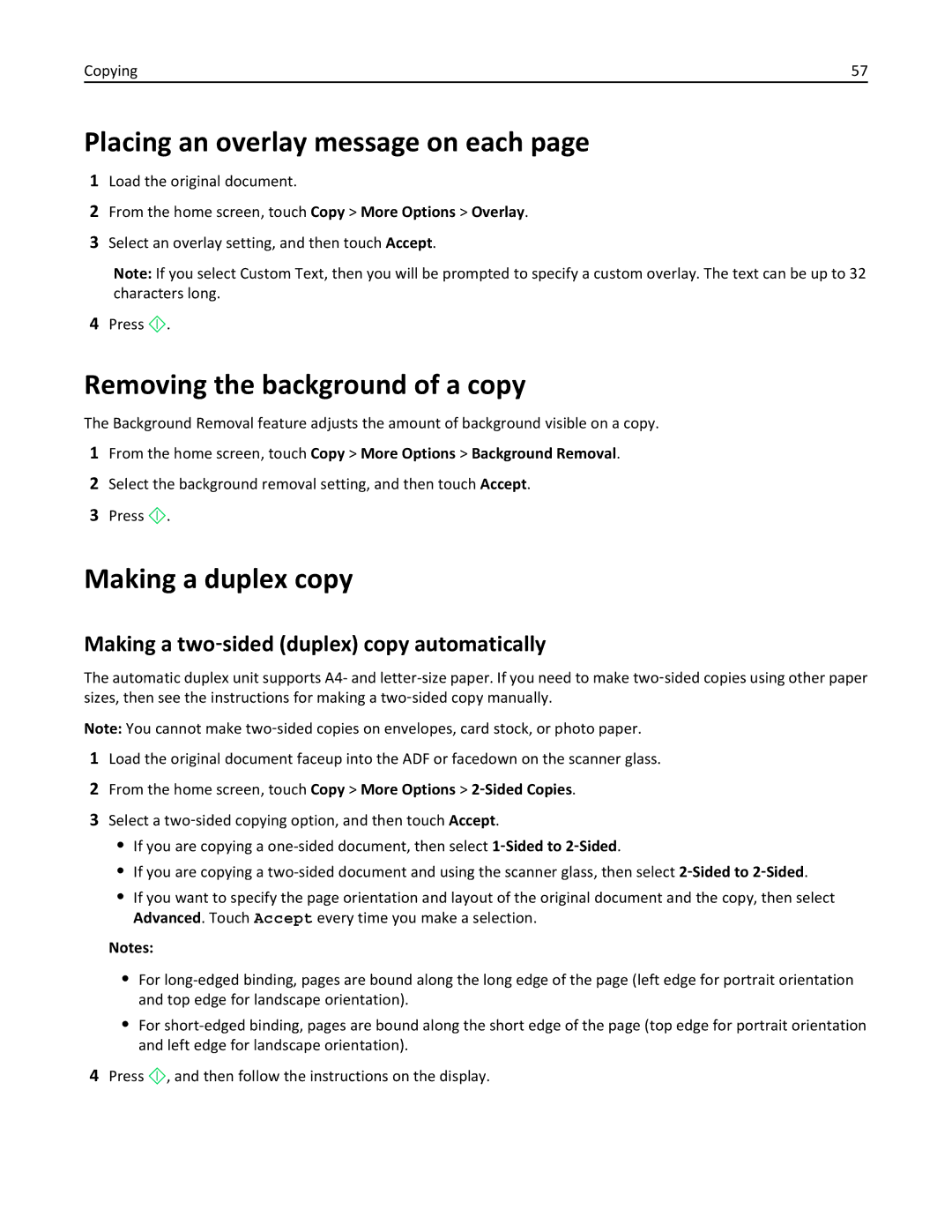 Lexmark 90T9251, 901, 90E, 91E Placing an overlay message on each, Removing the background of a copy, Making a duplex copy 