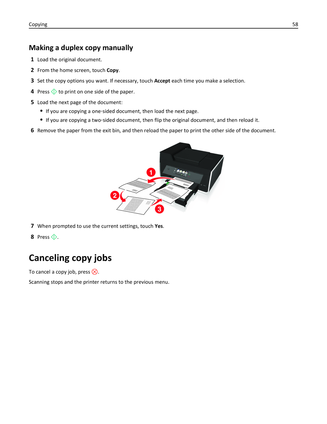 Lexmark 90E, 901, 90T9251, 90T9250, 90T9200, 91E, Pro915 Canceling copy jobs, Making a duplex copy manually 