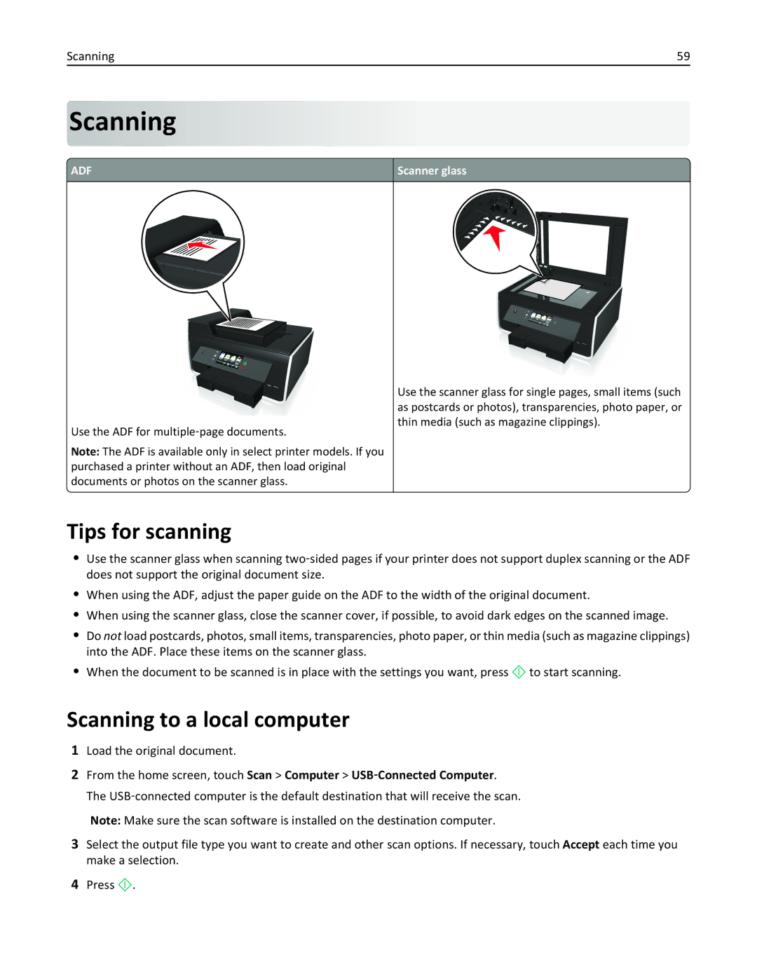 Lexmark 90T9250, 901, 90T9251, 90E, 90T9200, 91E, Pro915 manual Tips for scanning, Scanning to a local computer 