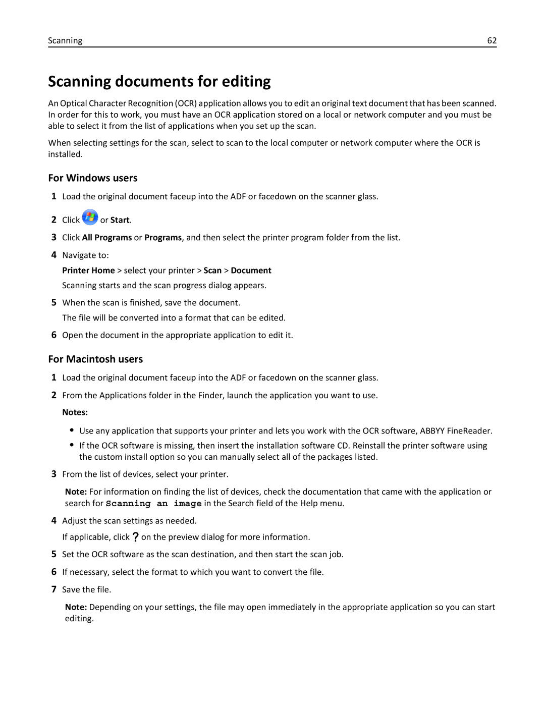 Lexmark Pro915, 901, 90T9251, 90E, 90T9250, 90T9200, 91E manual Scanning documents for editing 