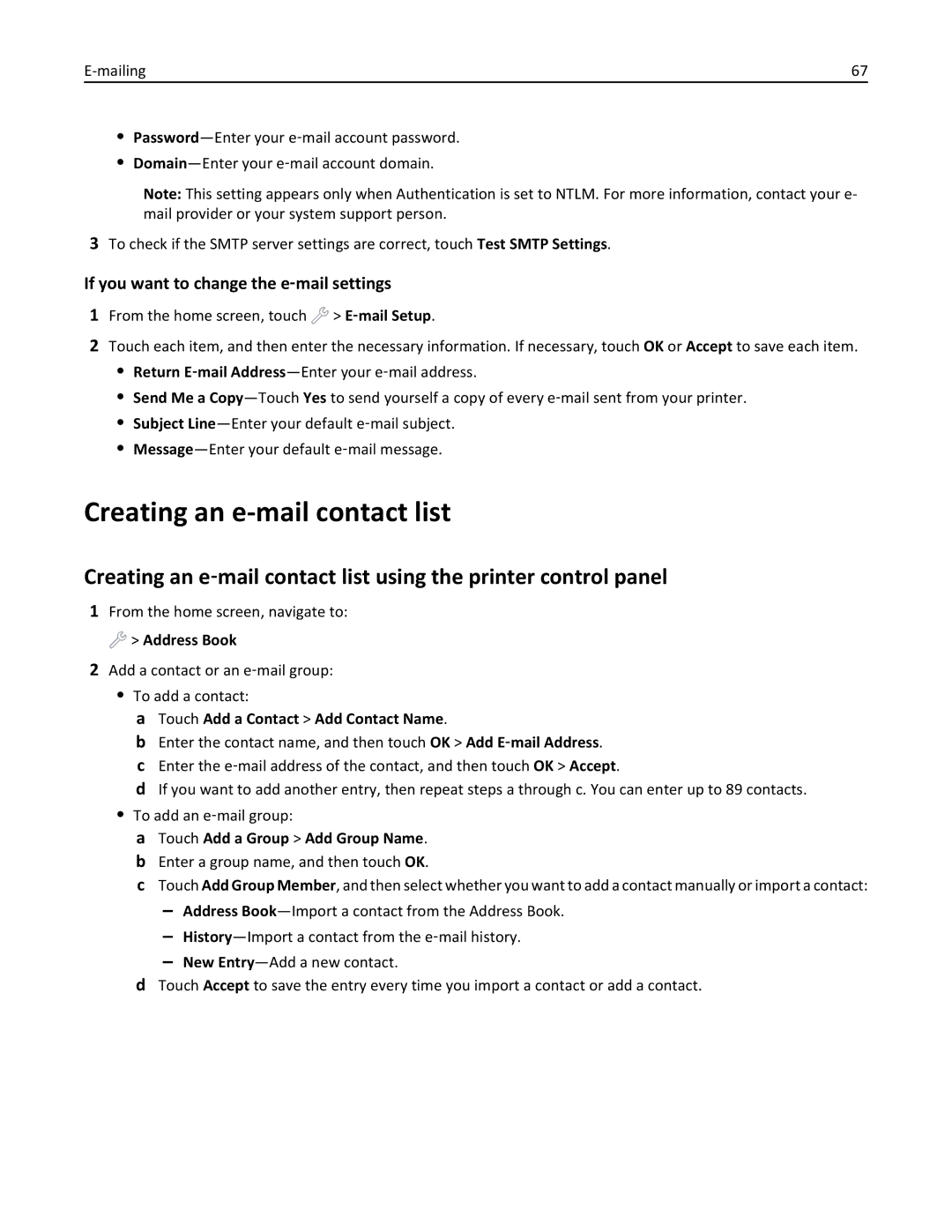 Lexmark 90T9200, 901, 90T9251, 90E Creating an e-mail contact list, If you want to change the e‑mail settings, Address Book 