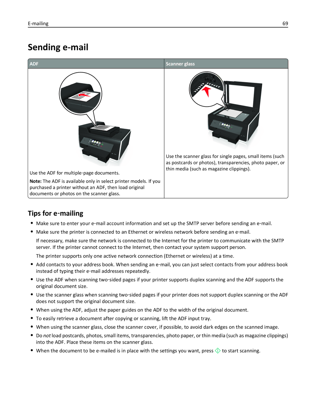 Lexmark Pro915, 901, 90T9251, 90E, 90T9250, 90T9200, 91E manual Sending e-mail, Tips for e‑mailing 