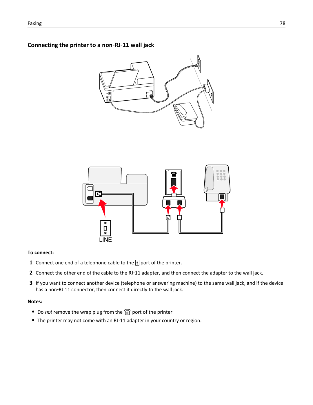 Lexmark 90T9251, 901, 90E, 90T9250, 90T9200, 91E, Pro915 manual Connecting the printer to a non‑RJ‑11 wall jack 