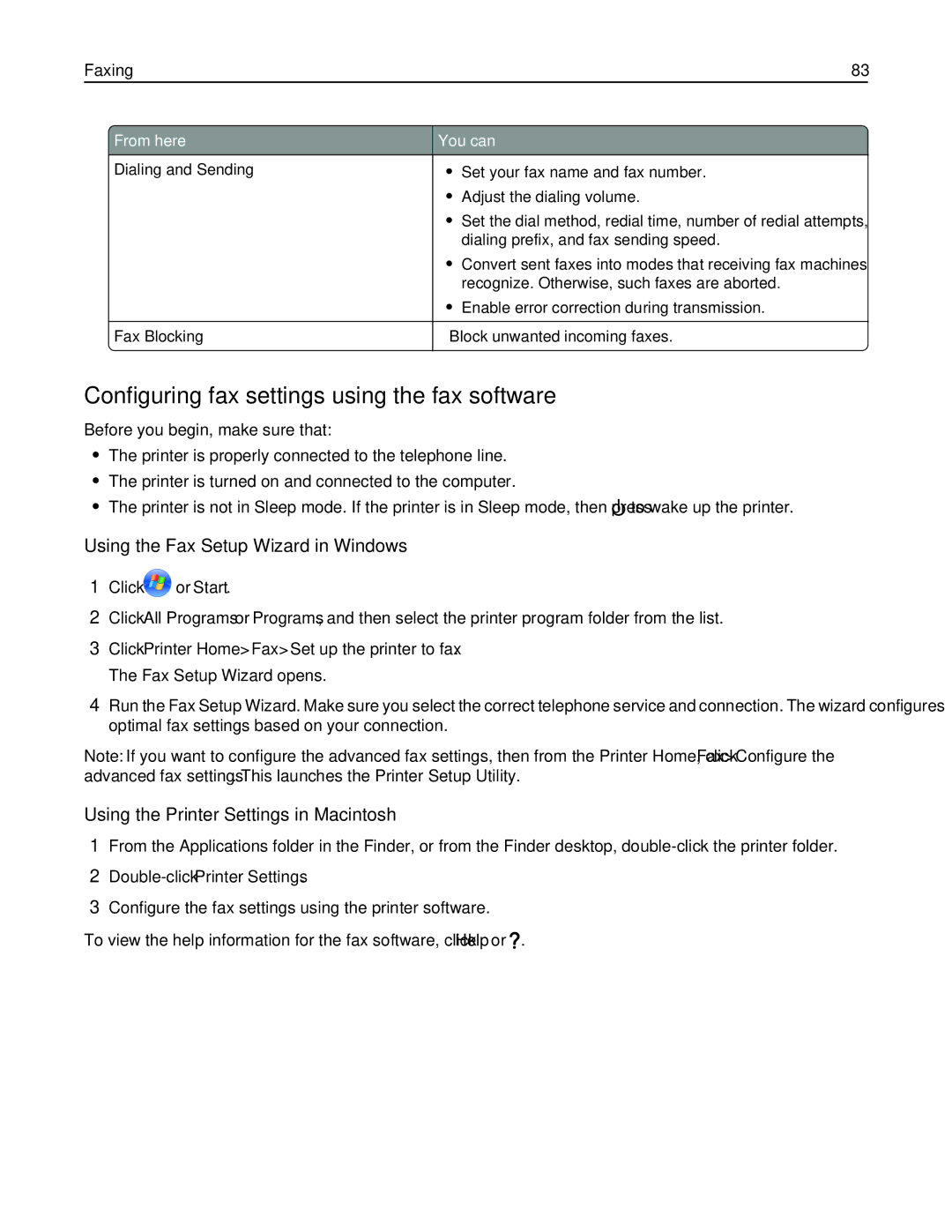 Lexmark Pro915, 901, 90T9251, 90E, 91E Configuring fax settings using the fax software, Using the Fax Setup Wizard in Windows 