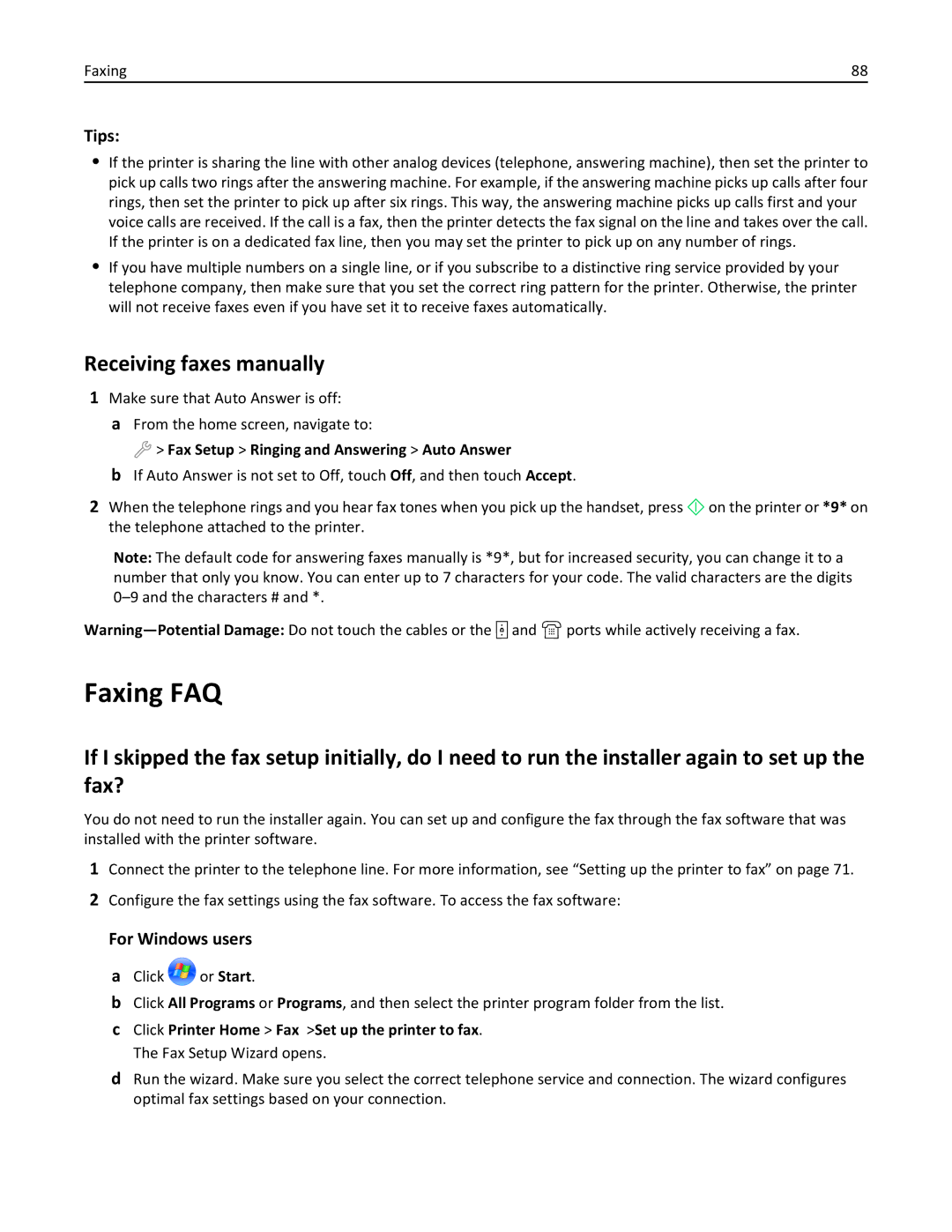 Lexmark 90T9200, 901, 90T9251, 90E, 90T9250 Faxing FAQ, Receiving faxes manually, Fax Setup Ringing and Answering Auto Answer 