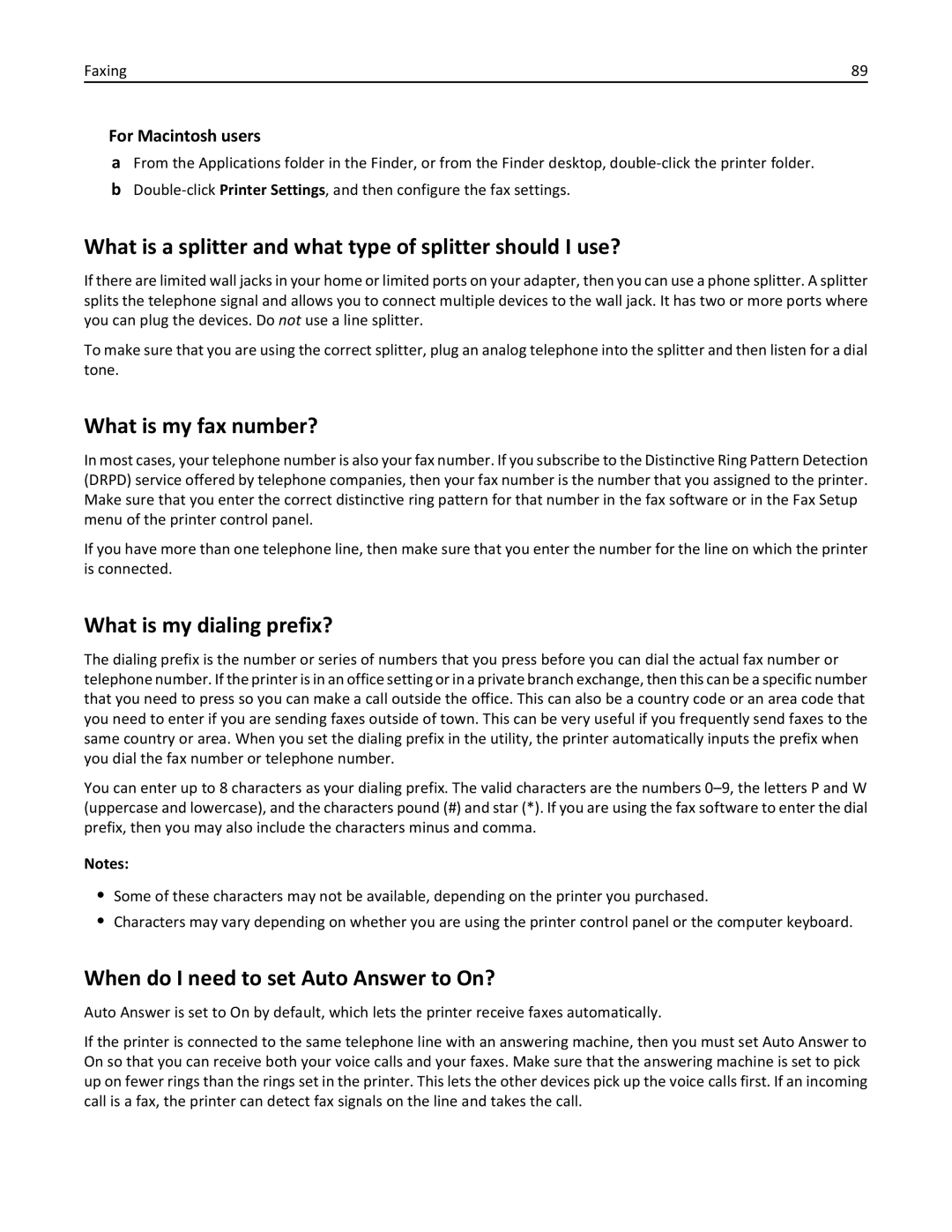 Lexmark 91E What is a splitter and what type of splitter should I use?, What is my fax number?, What is my dialing prefix? 