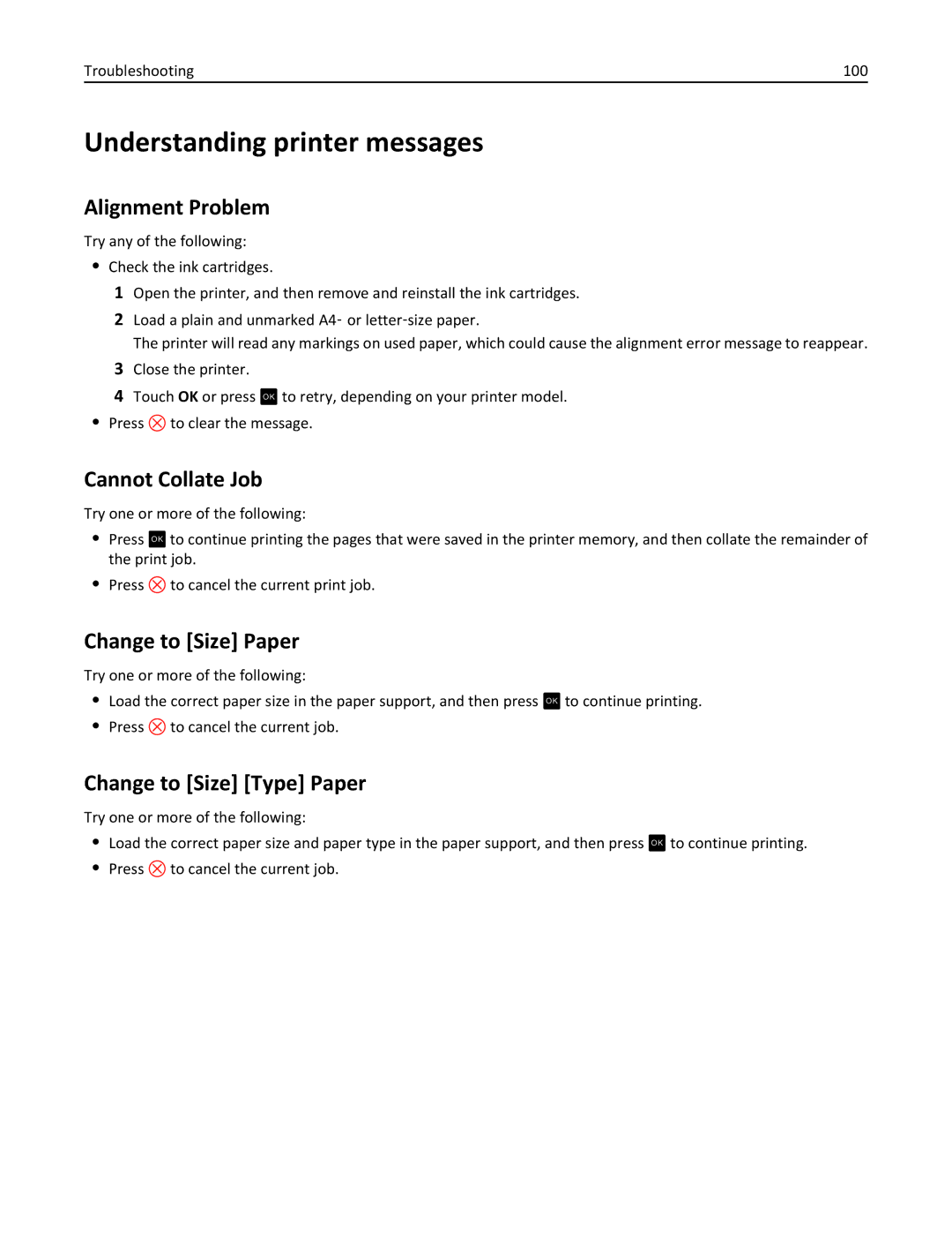 Lexmark 90T3100, S315 manual Understanding printer messages, Alignment Problem, Cannot Collate Job, Change to Size Paper 