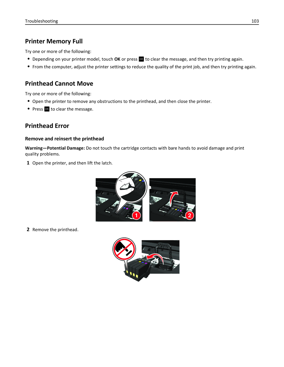 Lexmark S315, 90T3100 manual Printer Memory Full, Printhead Cannot Move, Printhead Error, Remove and reinsert the printhead 