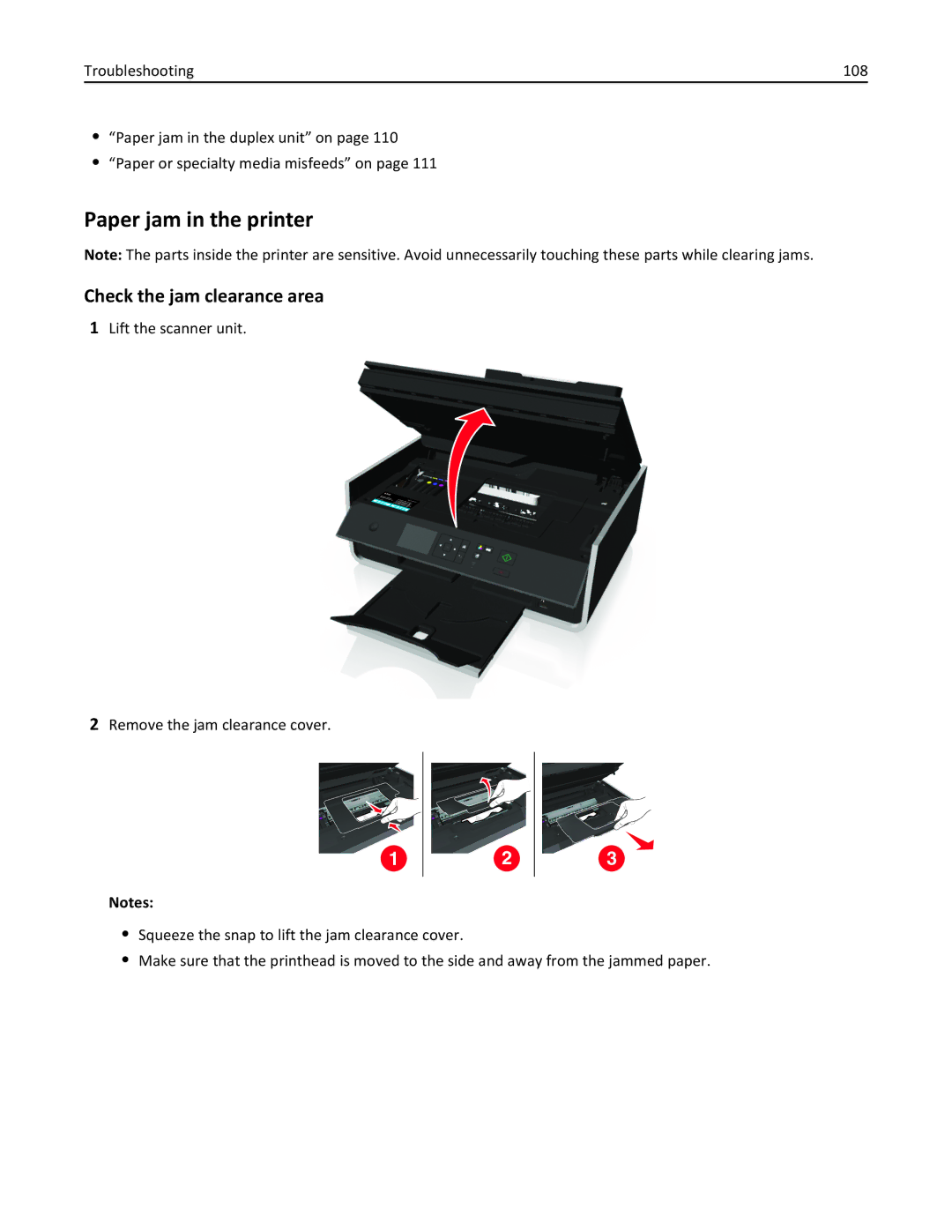 Lexmark 90T3100, S315 manual Paper jam in the printer, Check the jam clearance area 