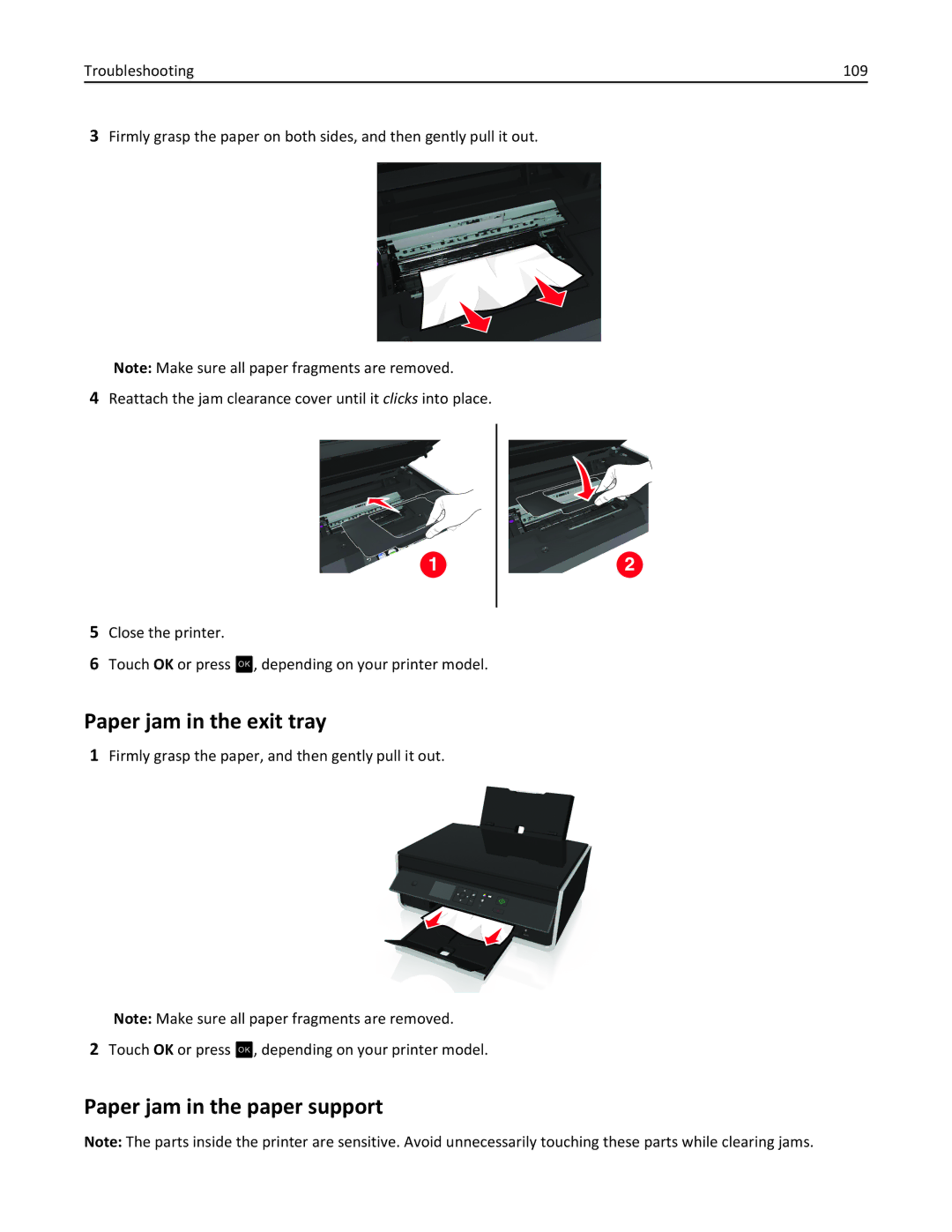 Lexmark S315, 90T3100 manual Paper jam in the exit tray, Paper jam in the paper support 