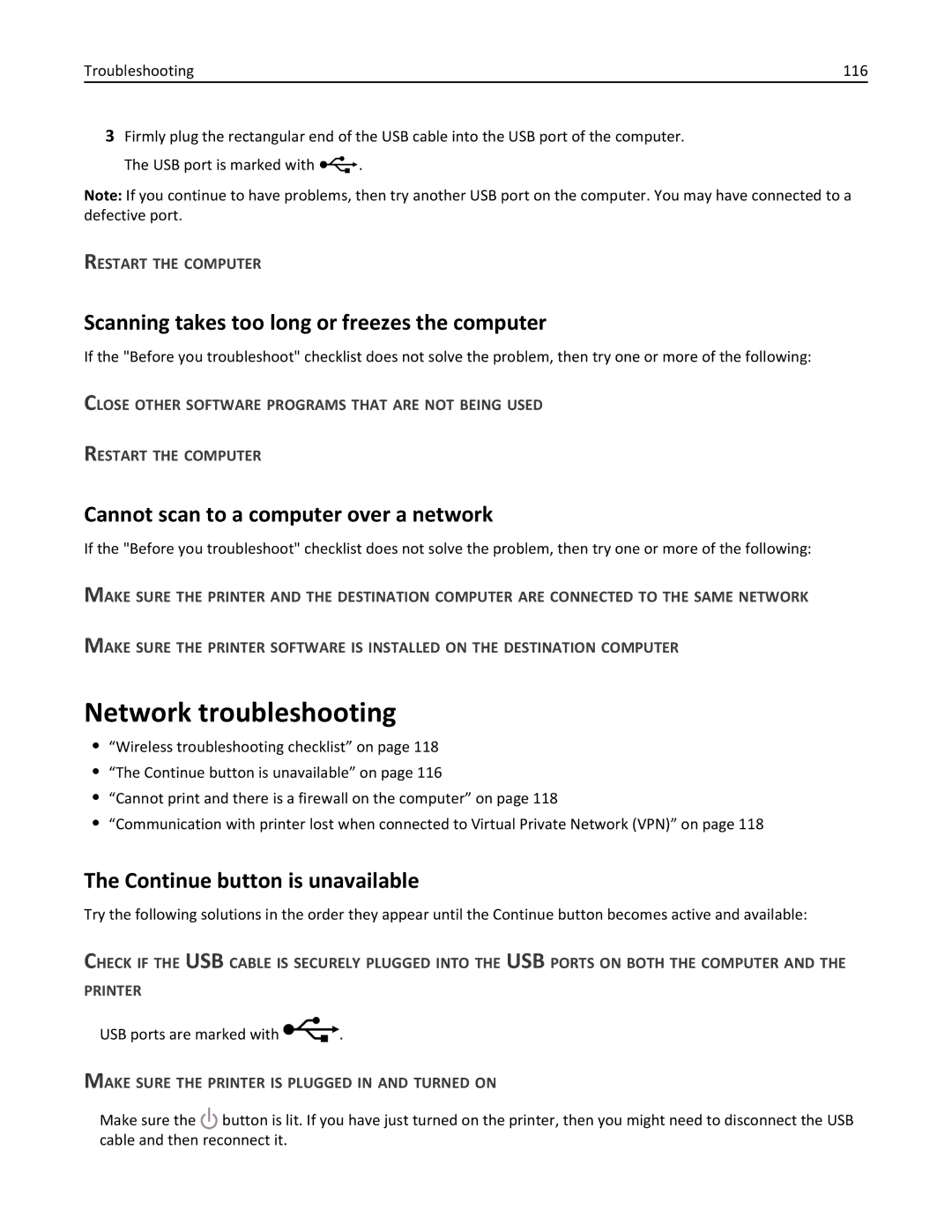 Lexmark 90T3100 Network troubleshooting, Scanning takes too long or freezes the computer, Continue button is unavailable 