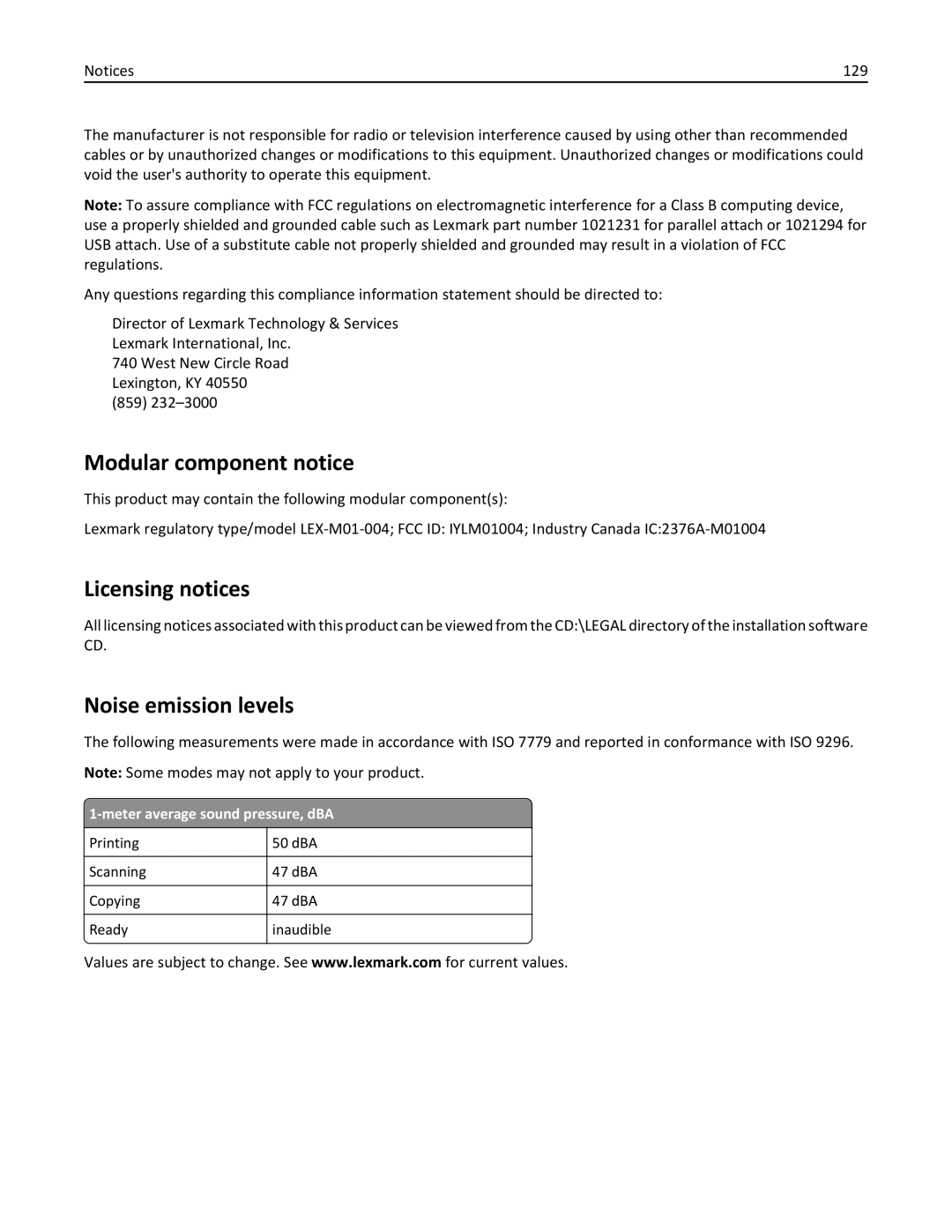 Lexmark S315 manual Modular component notice, Licensing notices, Noise emission levels, Meter average sound pressure, dBA 