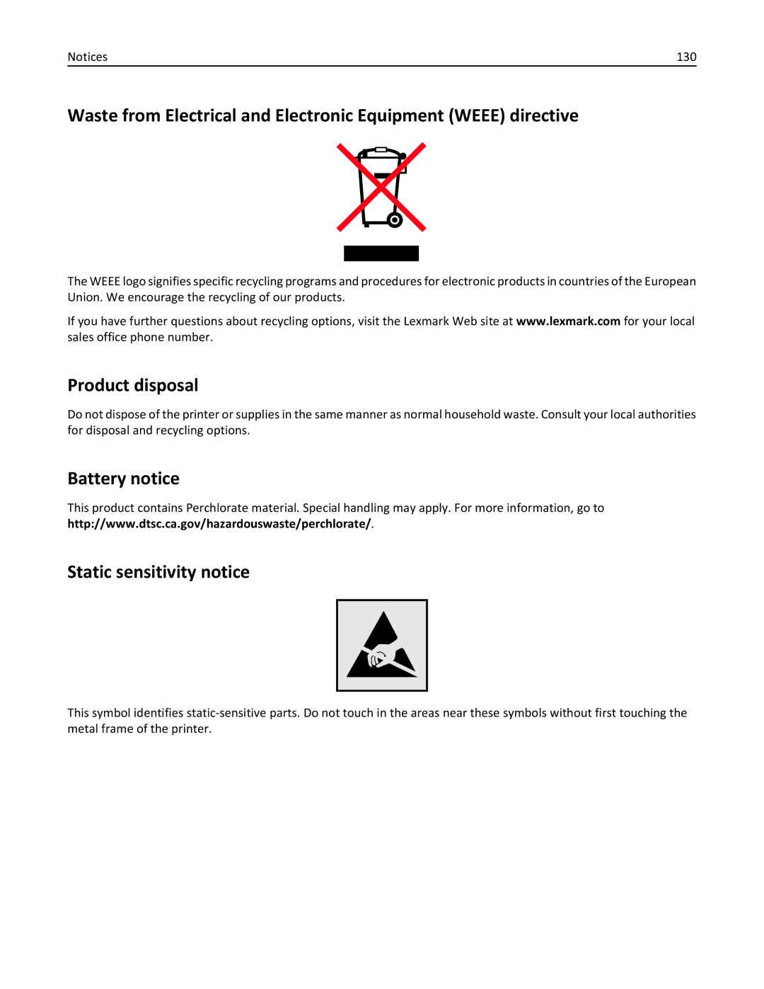 Lexmark 90T3100, S315 manual Product disposal, Battery notice Static sensitivity notice 