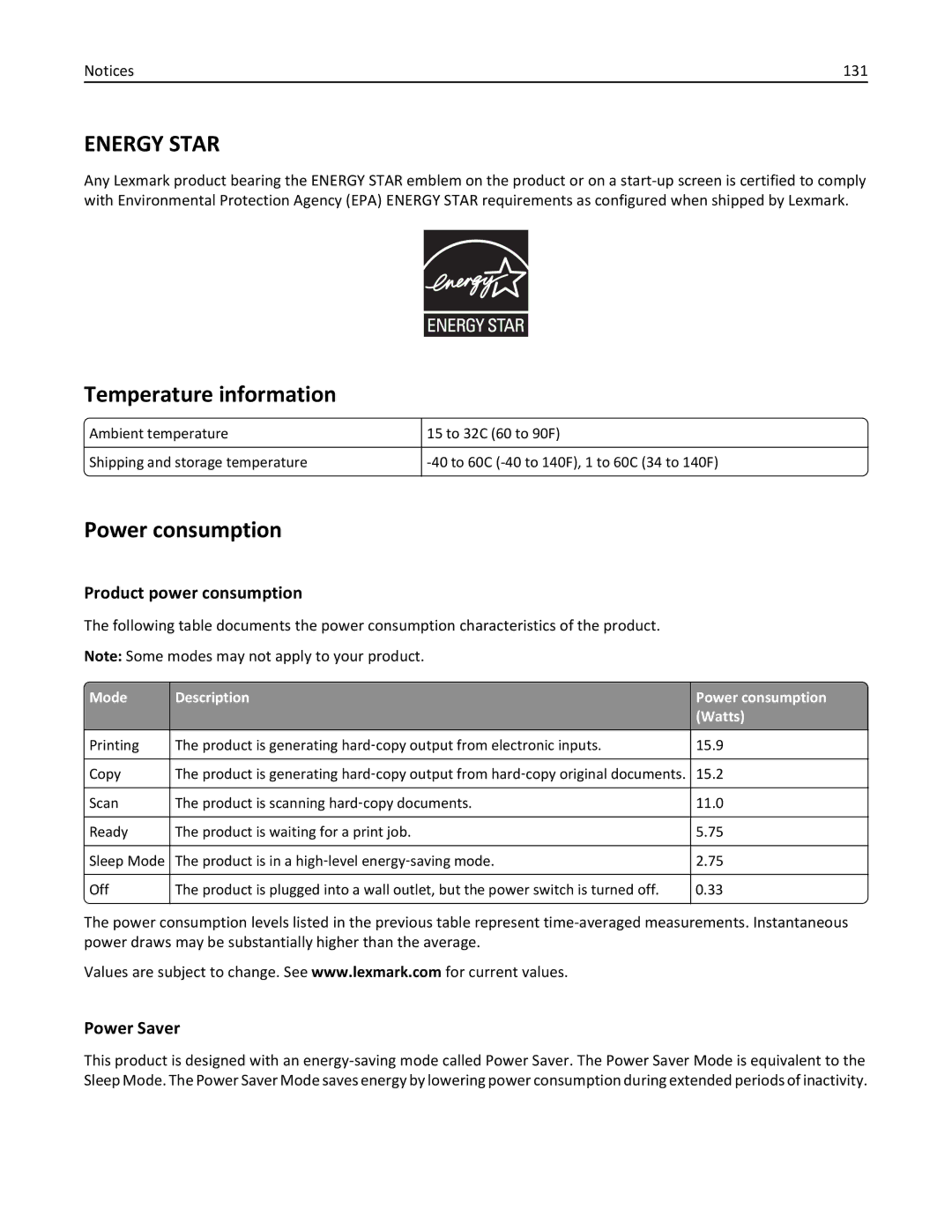 Lexmark S315, 90T3100 manual Temperature information, Power consumption, Product power consumption, Power Saver 