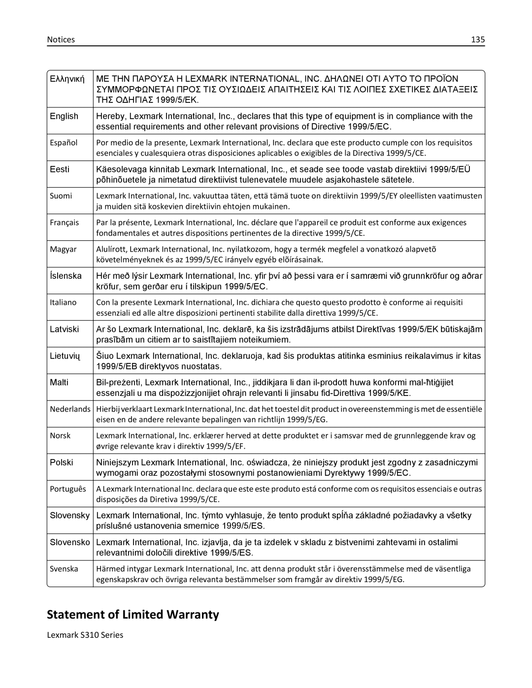 Lexmark S315, 90T3100 manual Statement of Limited Warranty, 135 