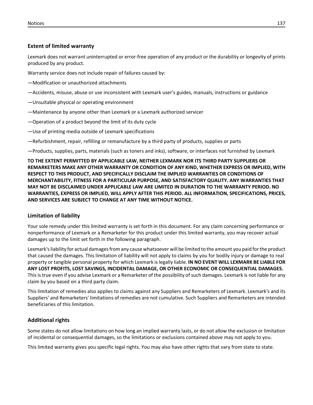 Lexmark S315, 90T3100 manual Extent of limited warranty, Limitation of liability, Additional rights 