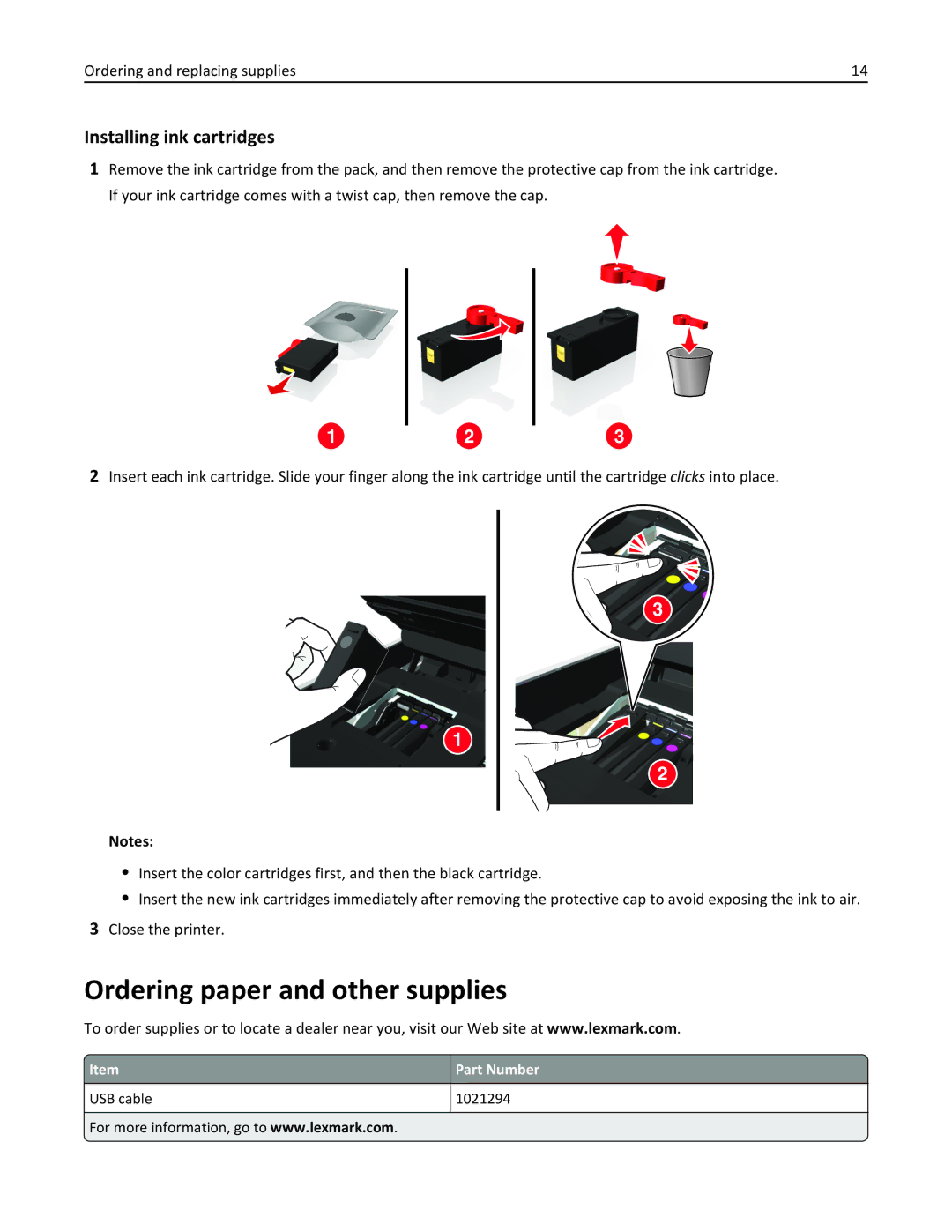 Lexmark 90T3100, S315 manual Ordering paper and other supplies, Installing ink cartridges, Part Number 