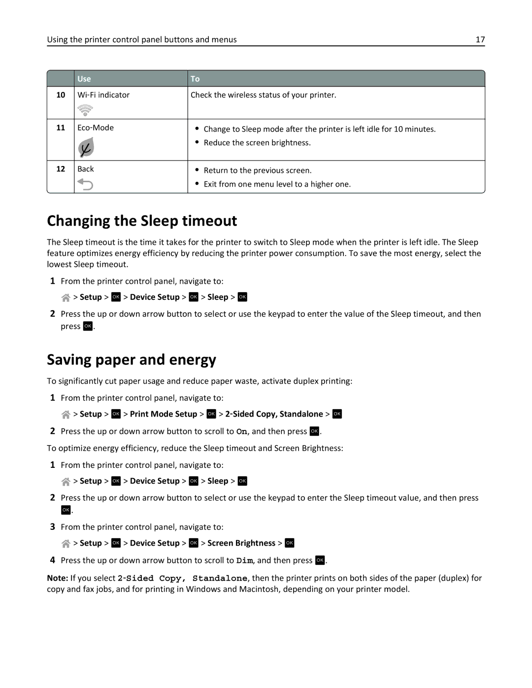 Lexmark S315, 90T3100 manual Changing the Sleep timeout, Saving paper and energy, Setup OK Device Setup OK Sleep OK 