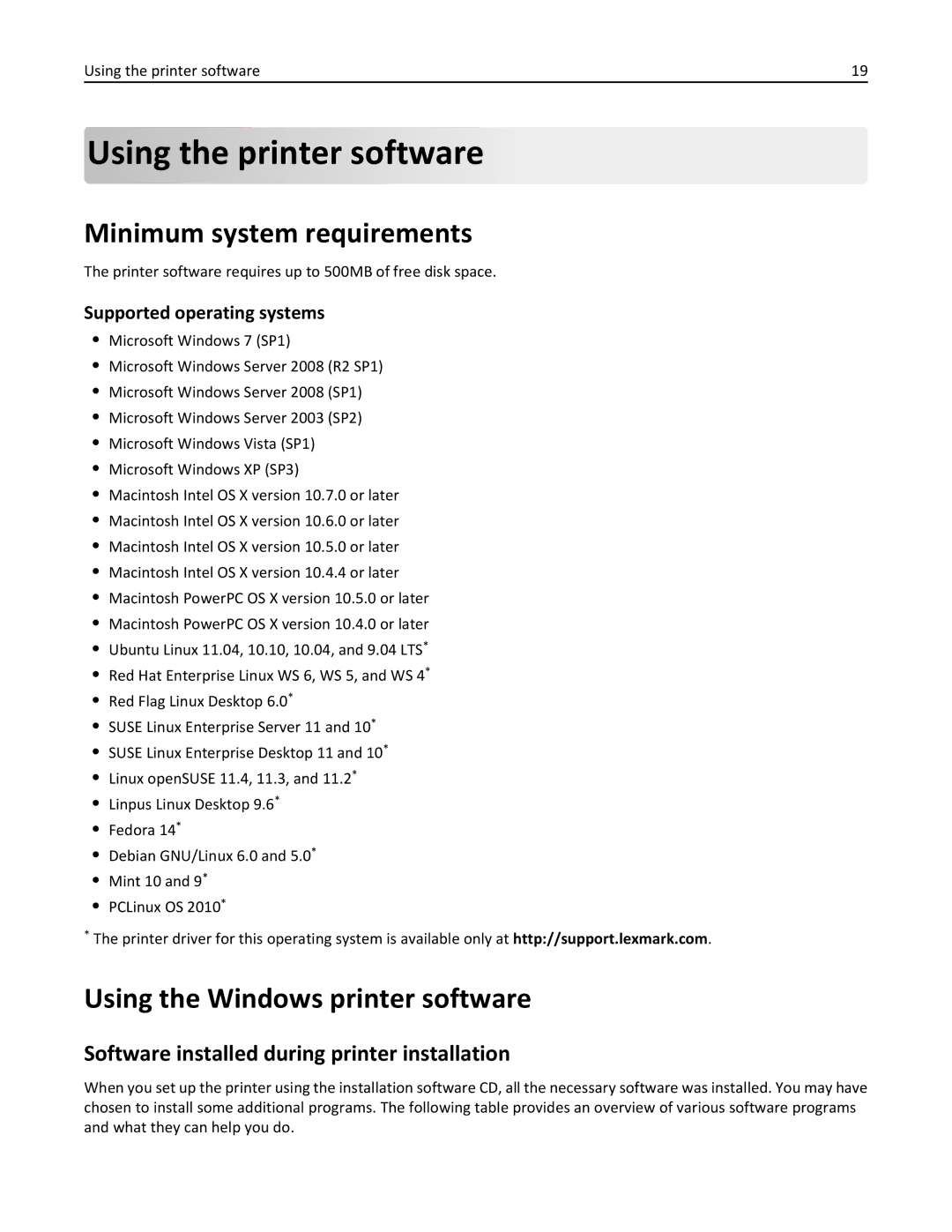 Lexmark S315, 90T3100 manual Using the printer software, Minimum system requirements, Using the Windows printer software 