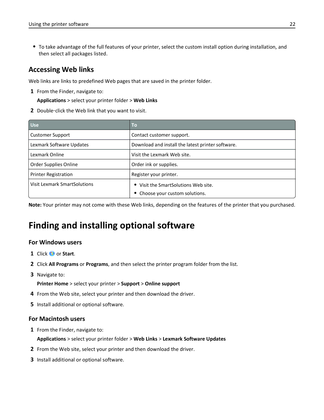 Lexmark 90T3100 Finding and installing optional software, Accessing Web links, For Windows users, For Macintosh users 