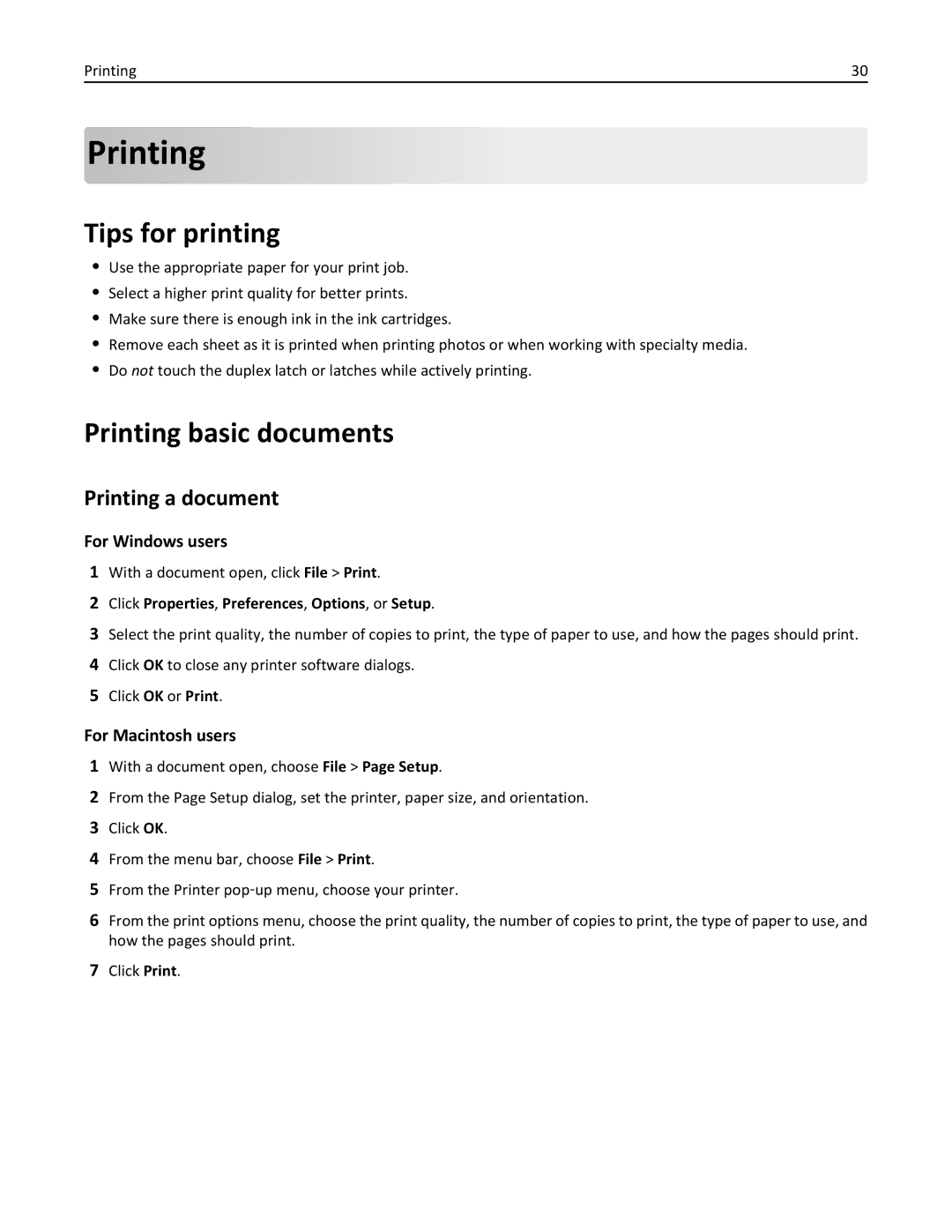 Lexmark 90T3100, S315 manual Tips for printing, Printing basic documents, Printing a document 