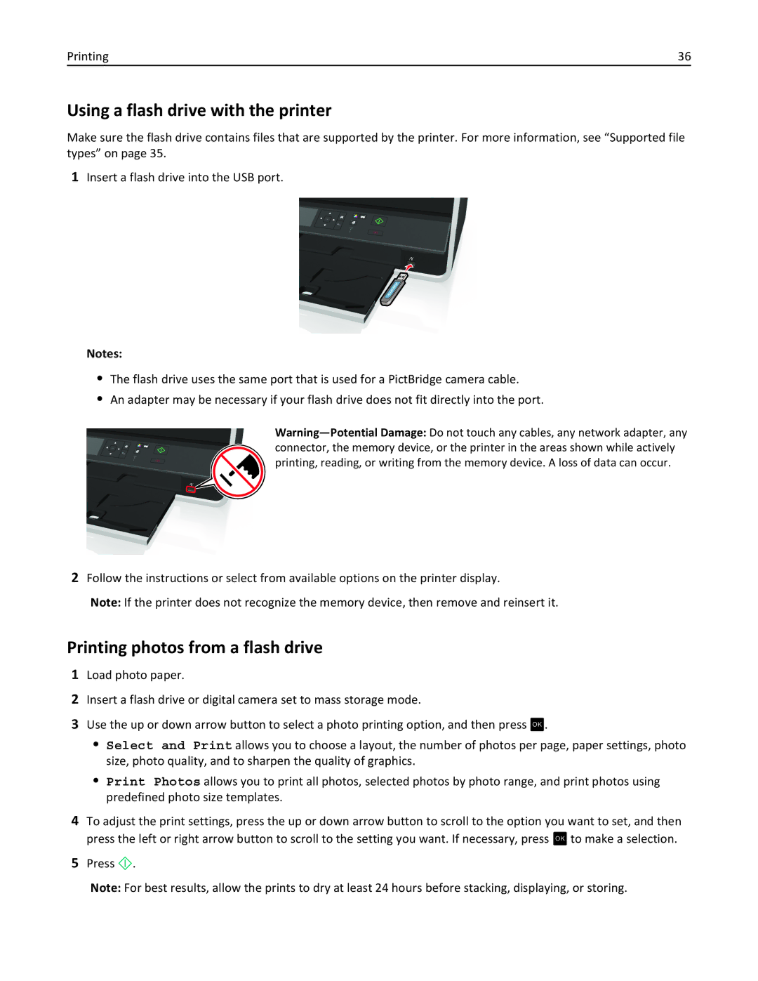 Lexmark 90T3100, S315 manual Using a flash drive with the printer, Printing photos from a flash drive 