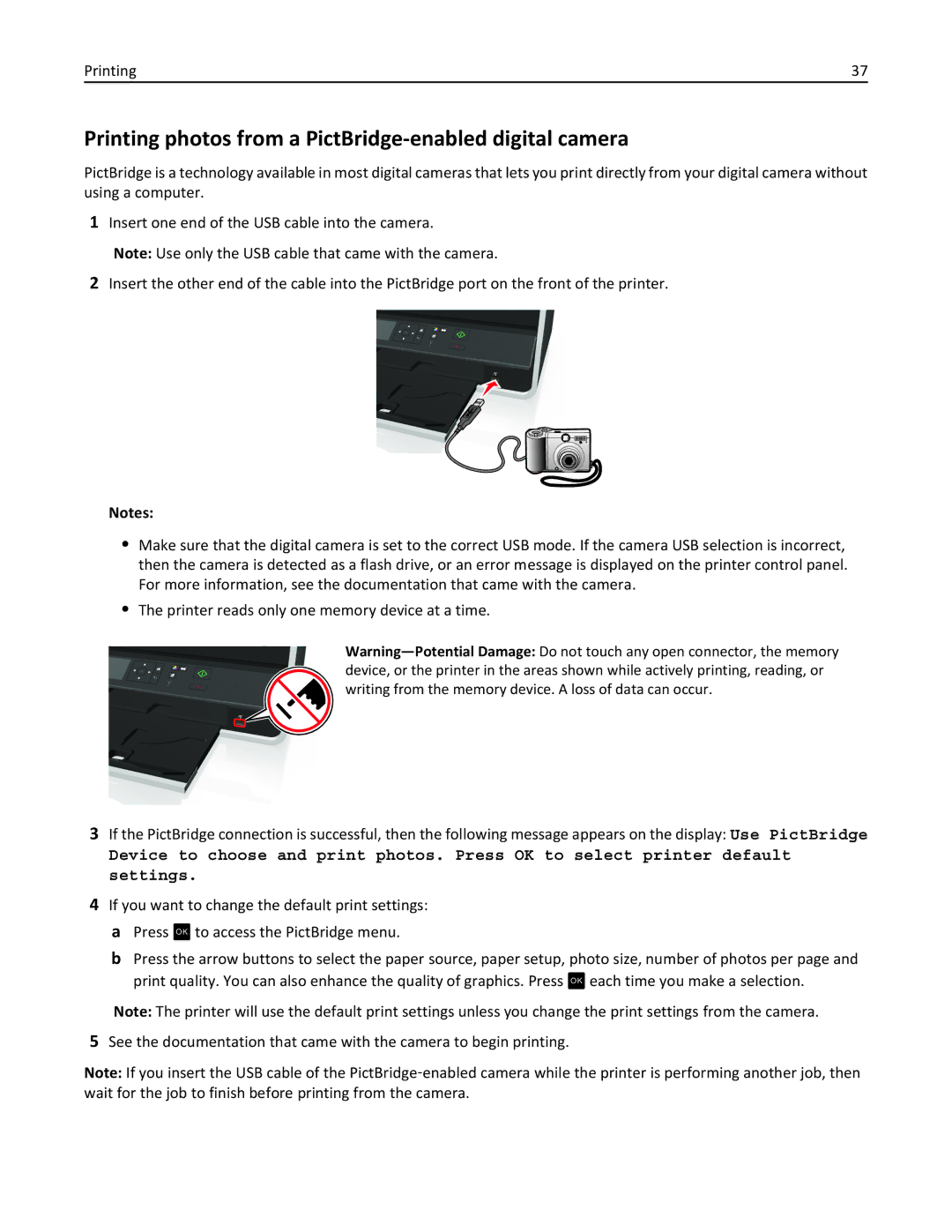 Lexmark S315, 90T3100 manual Printing photos from a PictBridge-enabled digital camera 