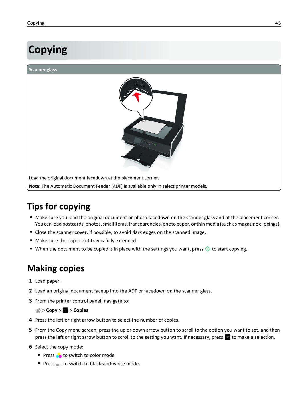 Lexmark S315, 90T3100 manual Copying, Tips for copying, Making copies, Copy OK Copies, Scanner glass 