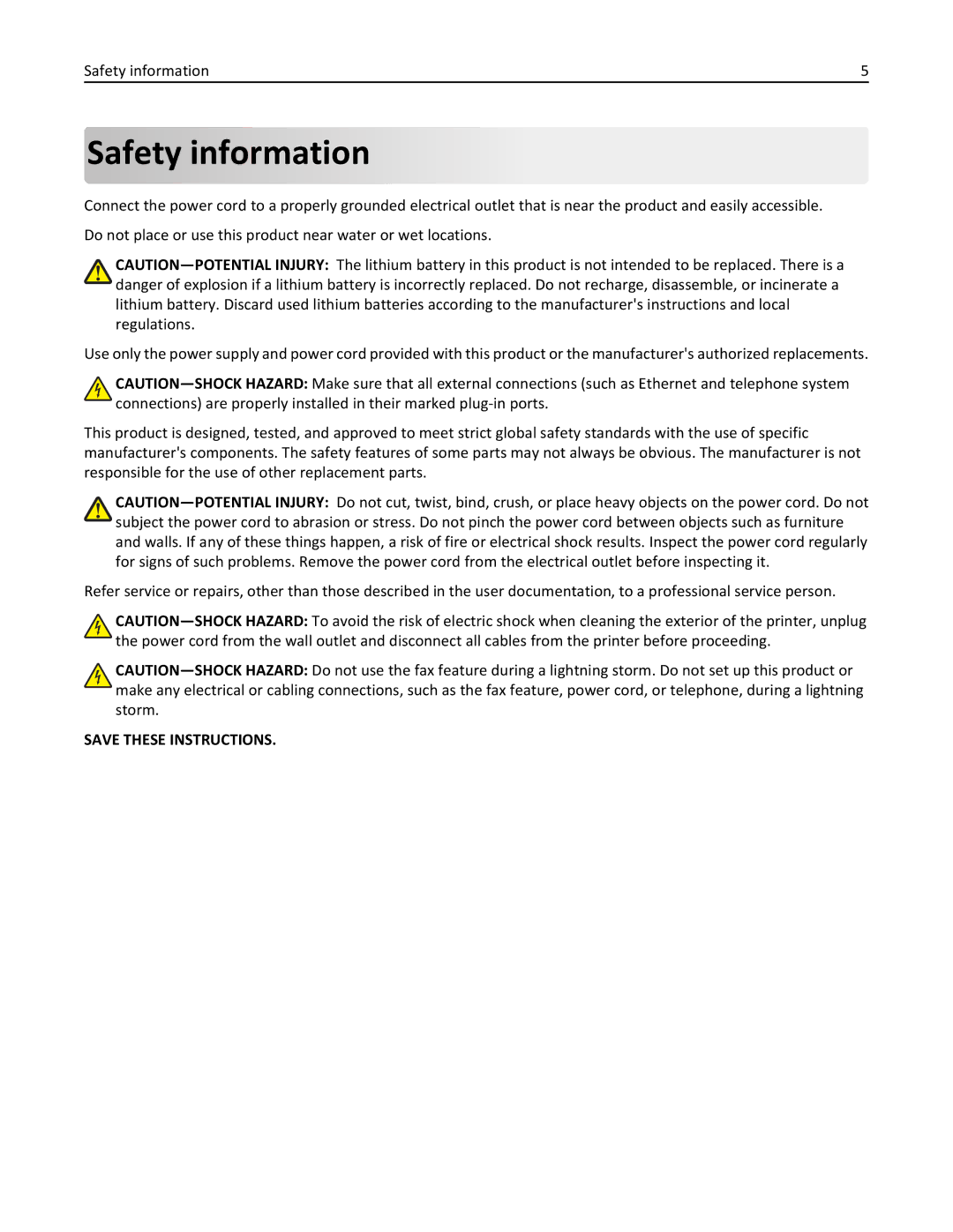 Lexmark S315, 90T3100 manual Safety information 