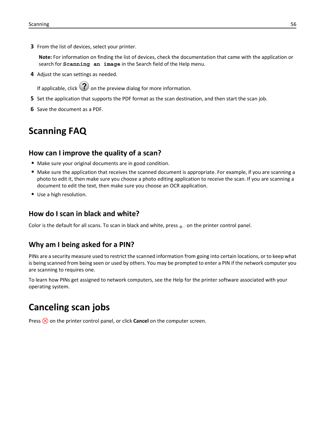 Lexmark 90T3100, S315 manual Scanning FAQ, Canceling scan jobs, How can I improve the quality of a scan? 