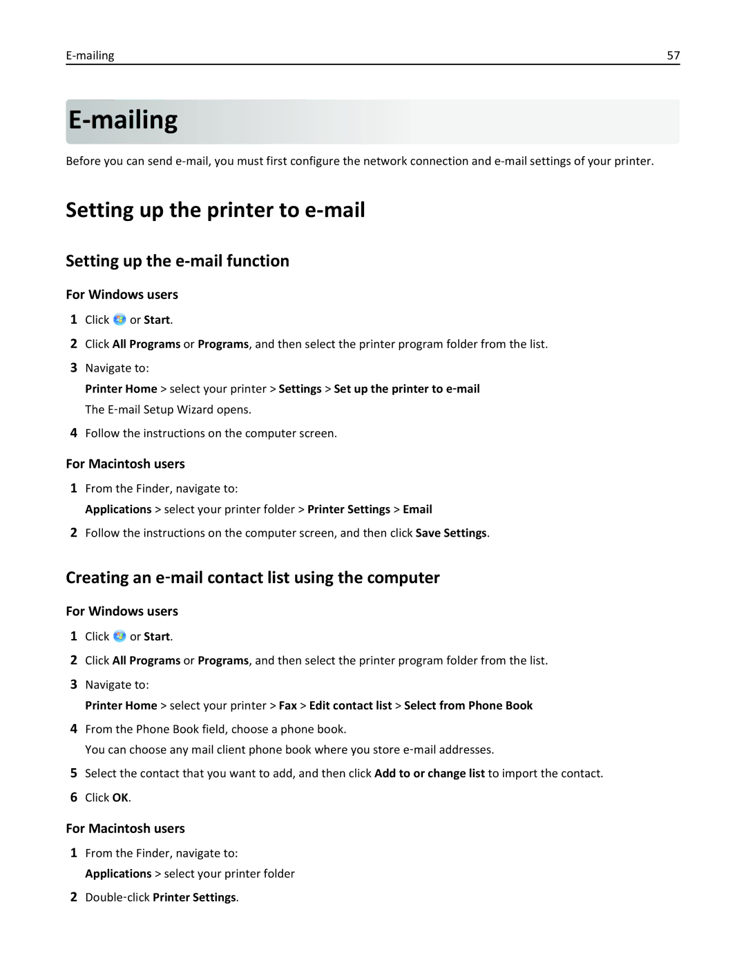 Lexmark S315 Mailing, Setting up the printer to e-mail, Setting up the e-mail function, Double‑click Printer Settings 