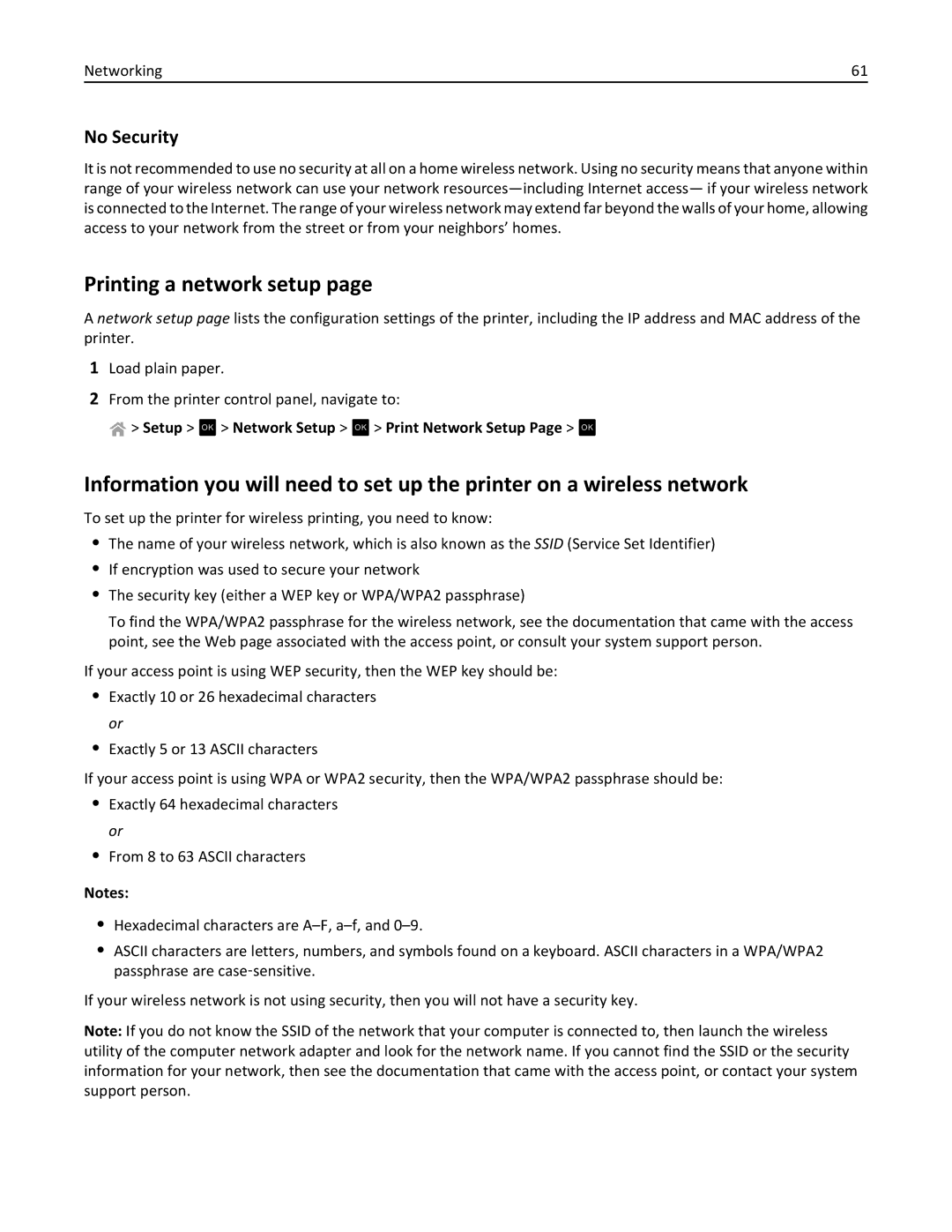 Lexmark S315, 90T3100 manual Printing a network setup, No Security, Setup OK Network Setup OK Print Network Setup Page OK 