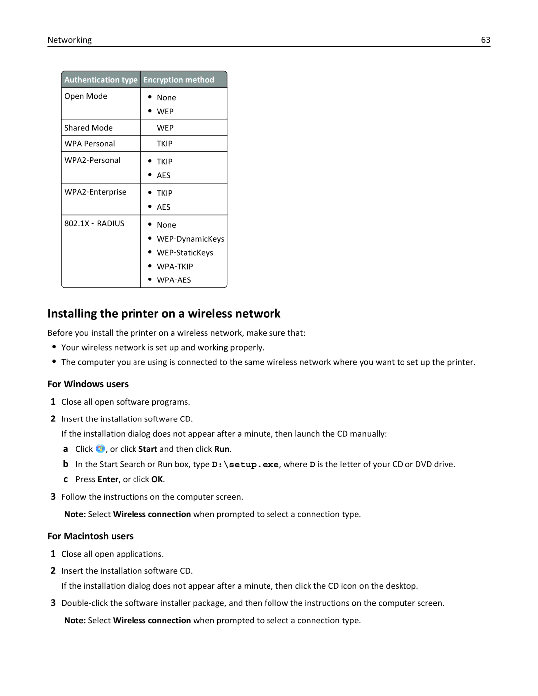 Lexmark S315, 90T3100 Installing the printer on a wireless network, Authentication type Encryption method Open Mode None 