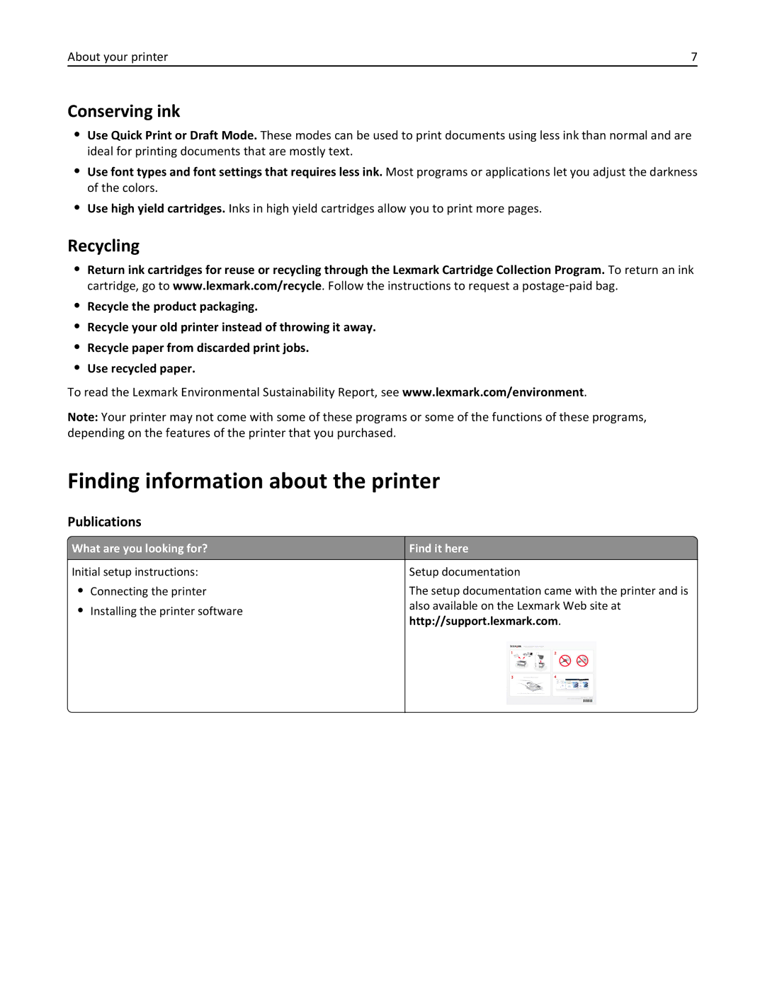 Lexmark S315, 90T3100 manual Finding information about the printer, Conserving ink, Recycling, Publications 