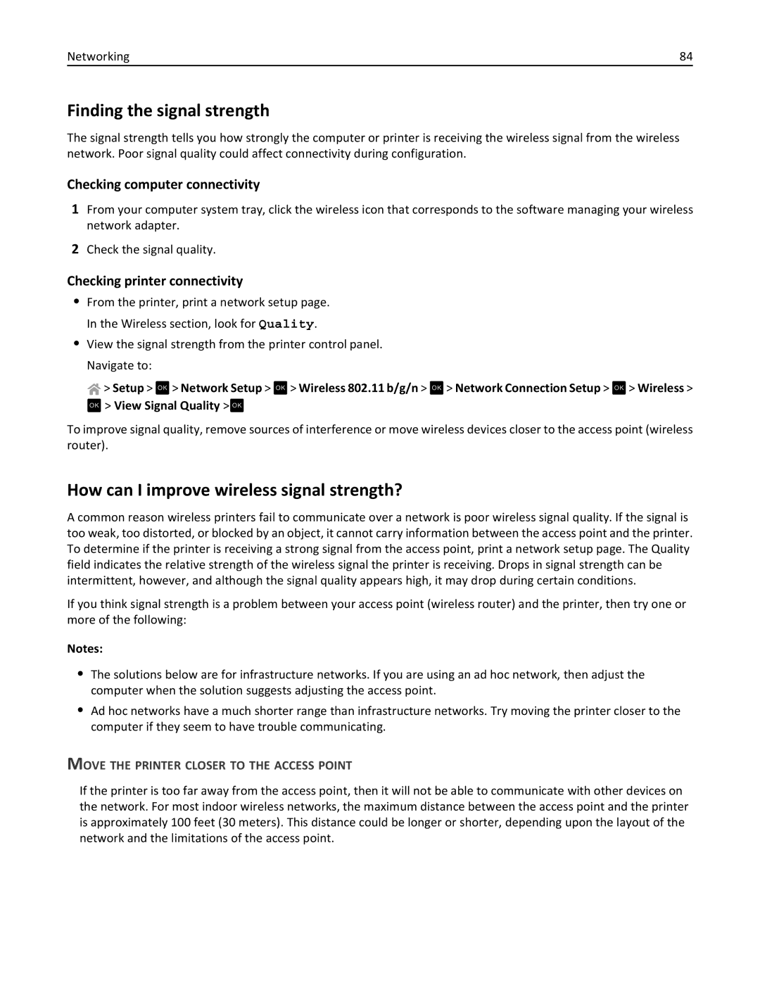 Lexmark 90T3100 Finding the signal strength, How can I improve wireless signal strength?, Checking computer connectivity 
