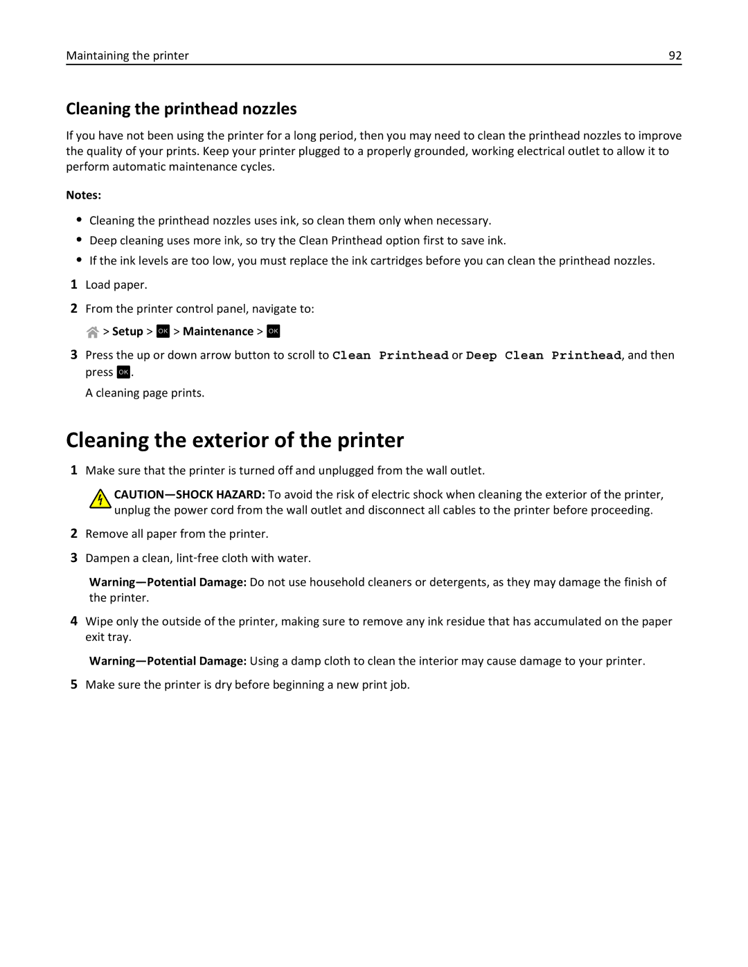 Lexmark 90T3100, S315 manual Cleaning the exterior of the printer, Cleaning the printhead nozzles, Setup OK Maintenance OK 