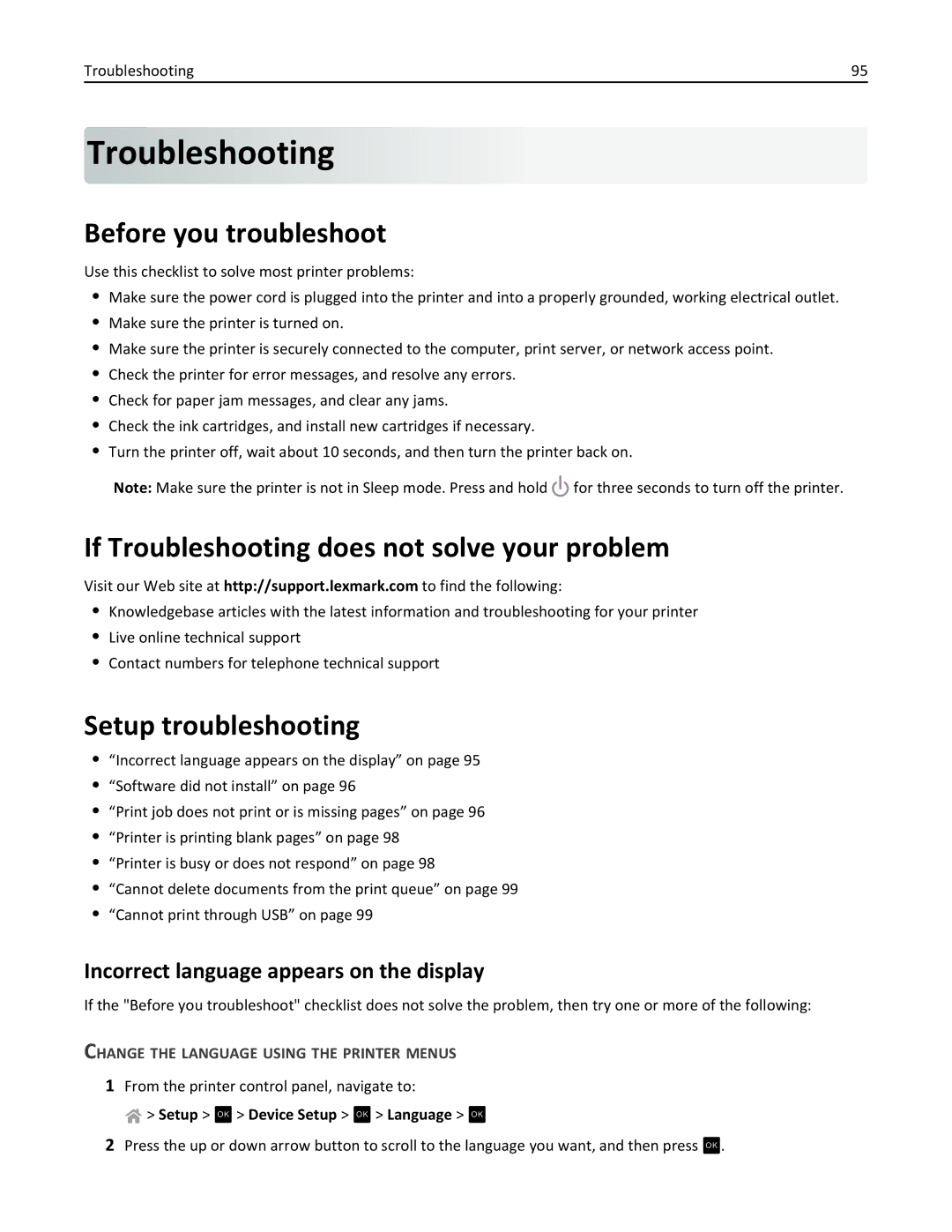 Lexmark S315, 90T3100 Before you troubleshoot, If Troubleshooting does not solve your problem, Setup troubleshooting 