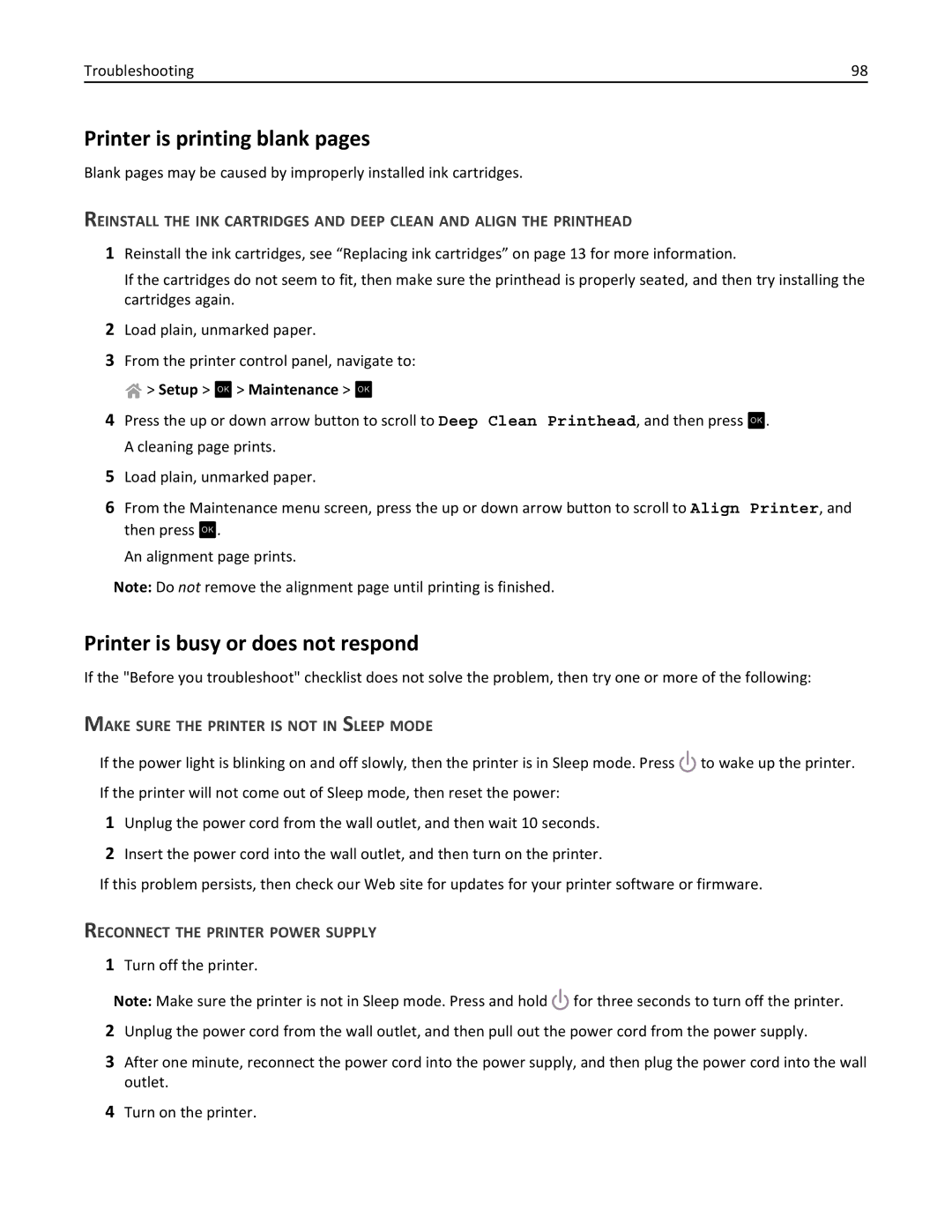 Lexmark 90T3100, S315 manual Printer is printing blank pages, Printer is busy or does not respond 