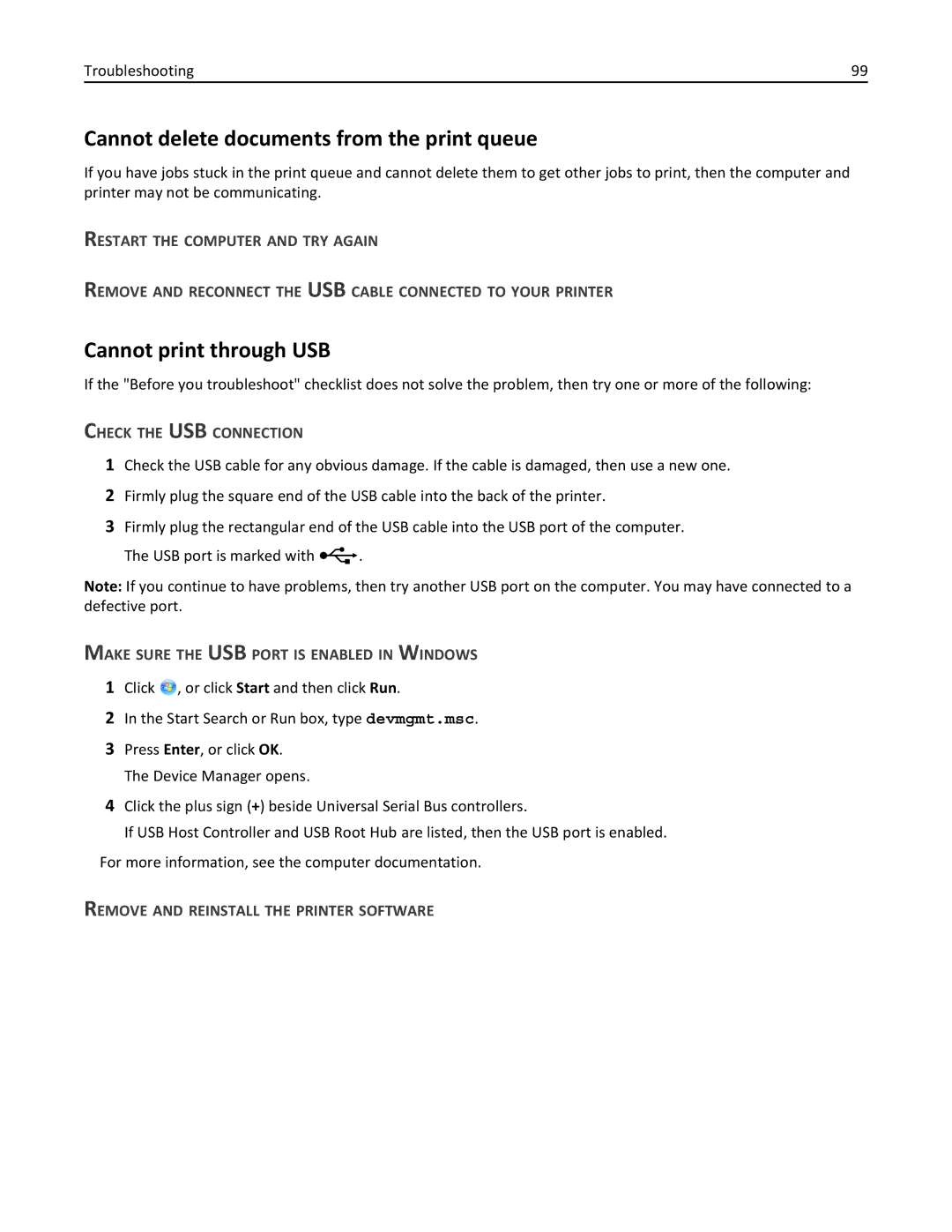 Lexmark S315, 90T3100 manual Cannot delete documents from the print queue, Cannot print through USB 