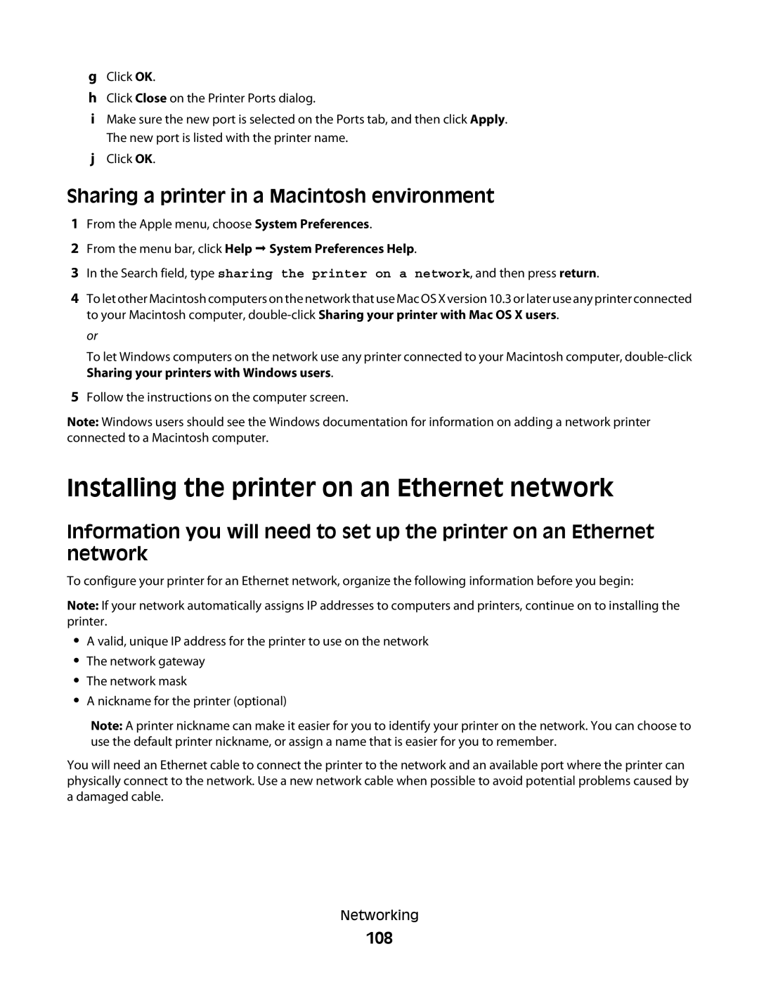 Lexmark 90T7005 manual Installing the printer on an Ethernet network, Sharing a printer in a Macintosh environment, 108 