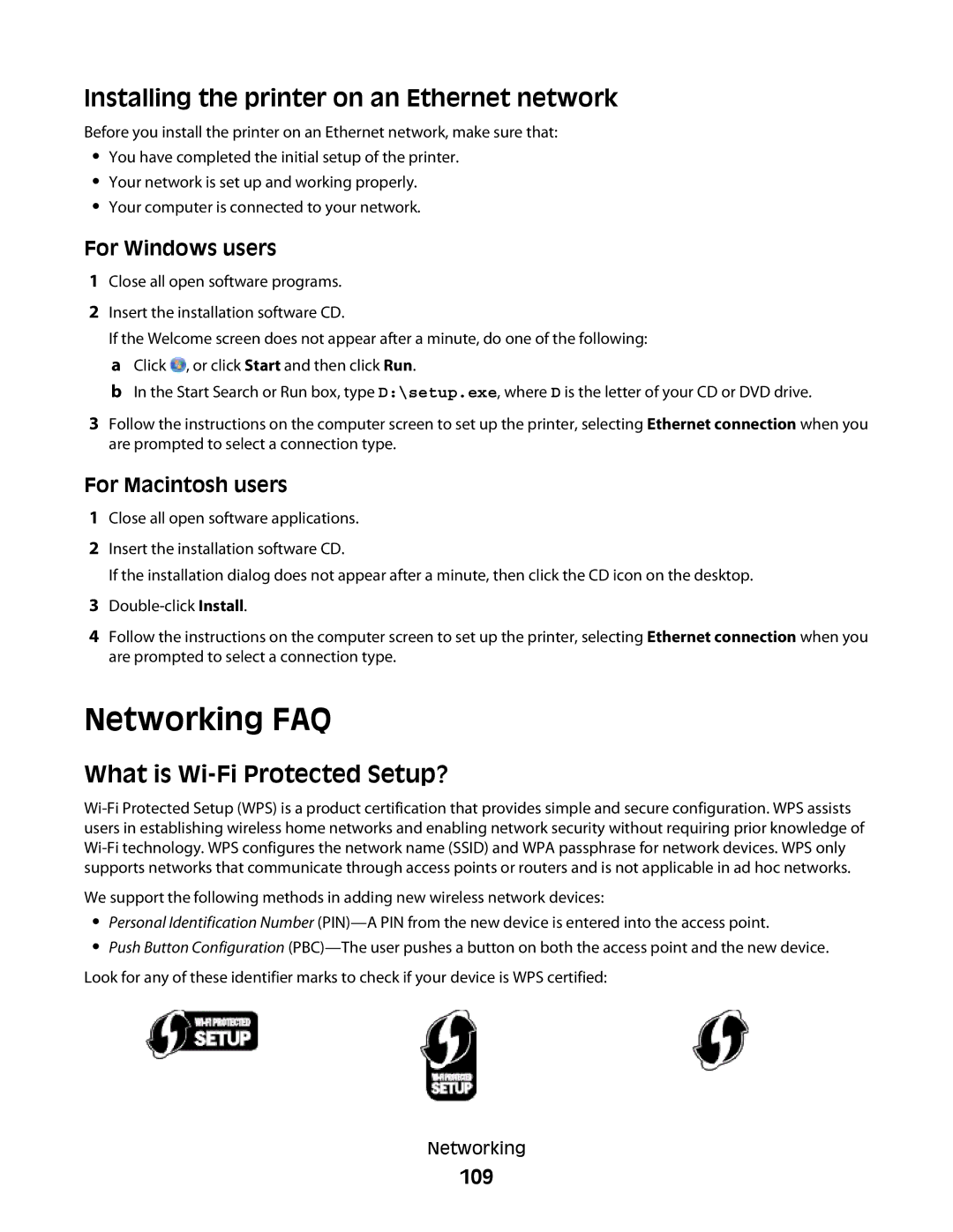 Lexmark Pro700 Series Networking FAQ, Installing the printer on an Ethernet network, What is Wi-Fi Protected Setup?, 109 