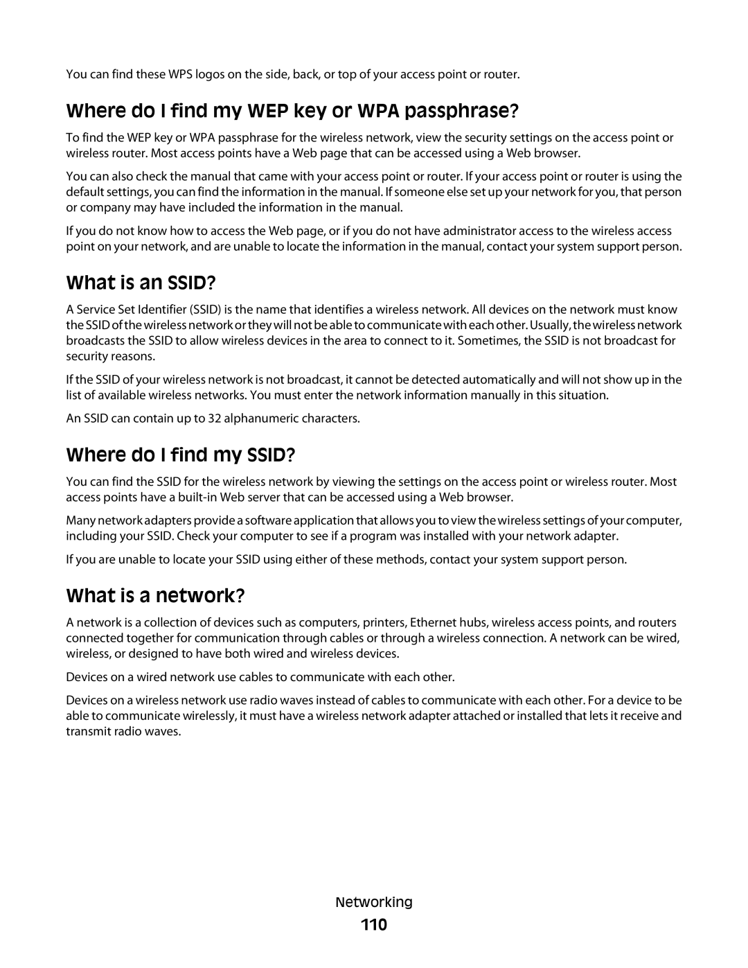 Lexmark 90T7005 manual Where do I find my WEP key or WPA passphrase?, What is an SSID?, Where do I find my SSID?, 110 