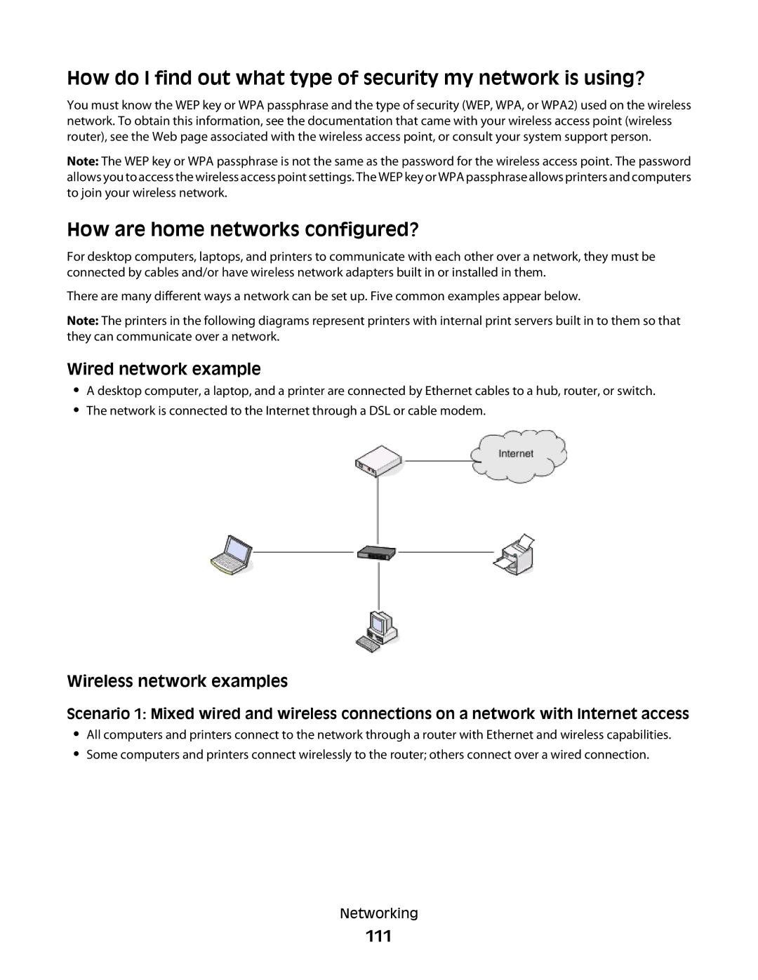 Lexmark Pro700 Series, 90T7005 How are home networks configured?, Wired network example, Wireless network examples, 111 