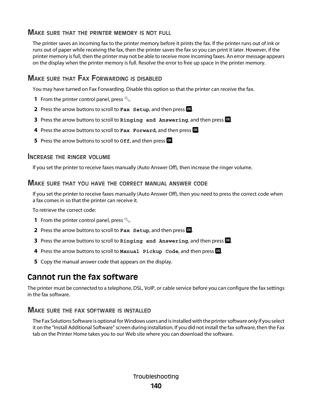 Lexmark 90T7005, Pro700 Series manual Cannot run the fax software, 140 